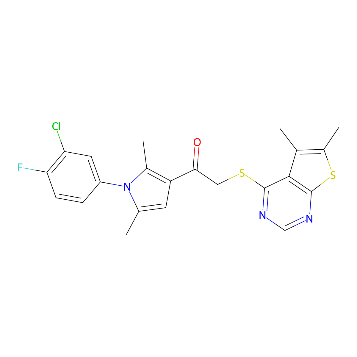 1-(1-(3-chloro-4-fluorophenyl)-2,5-dimethyl-1H-pyrrol-3-yl)-2-((5,6-dimethylthieno[2,3-d]pyrimidin-4-yl)thio)ethanone molecular structure, CAS 670270-51-6