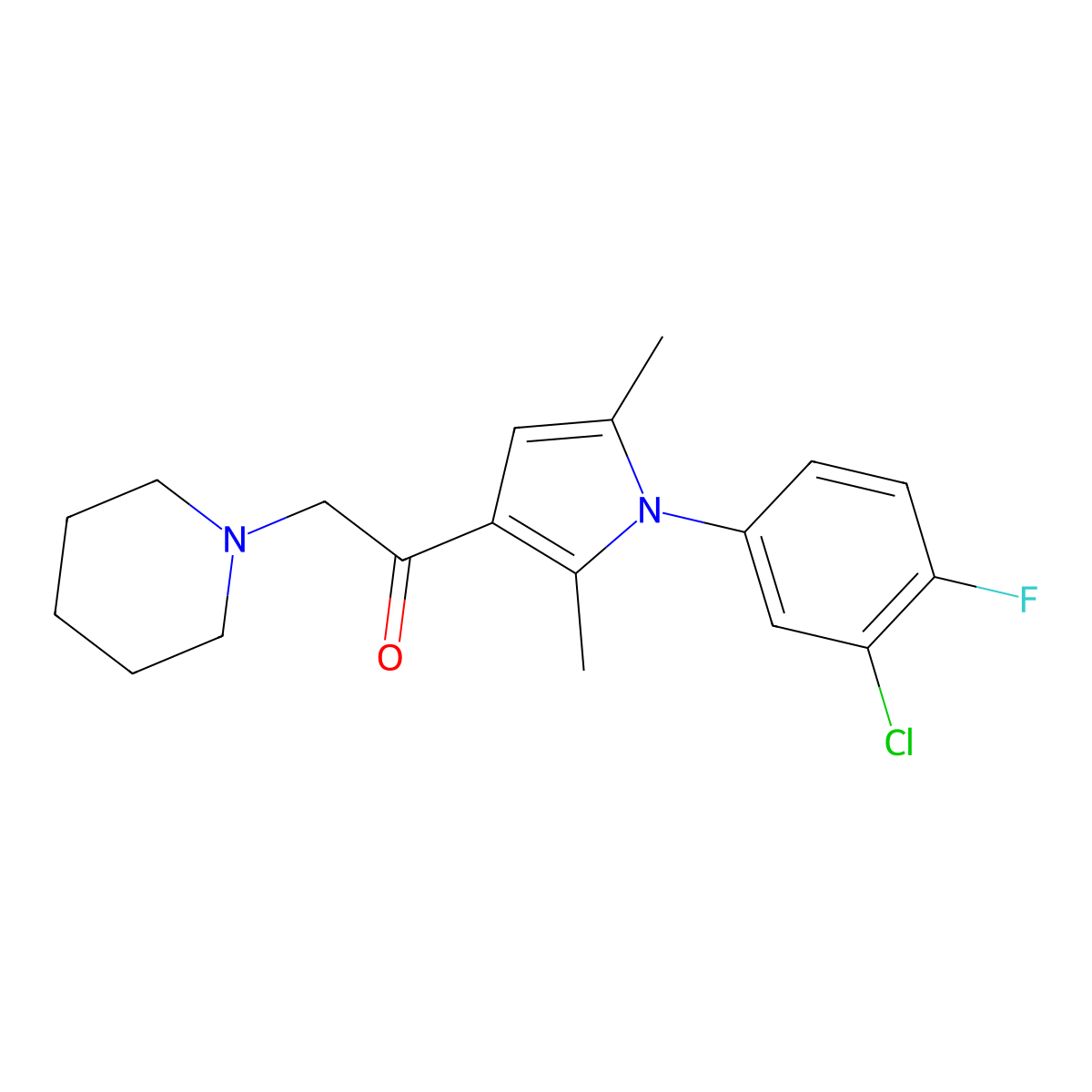 1-(1-(3-chloro-4-fluorophenyl)-2,5-dimethyl-1H-pyrrol-3-yl)-2-(piperidin-1-yl)ethanone molecular structure, CAS 670270-57-2