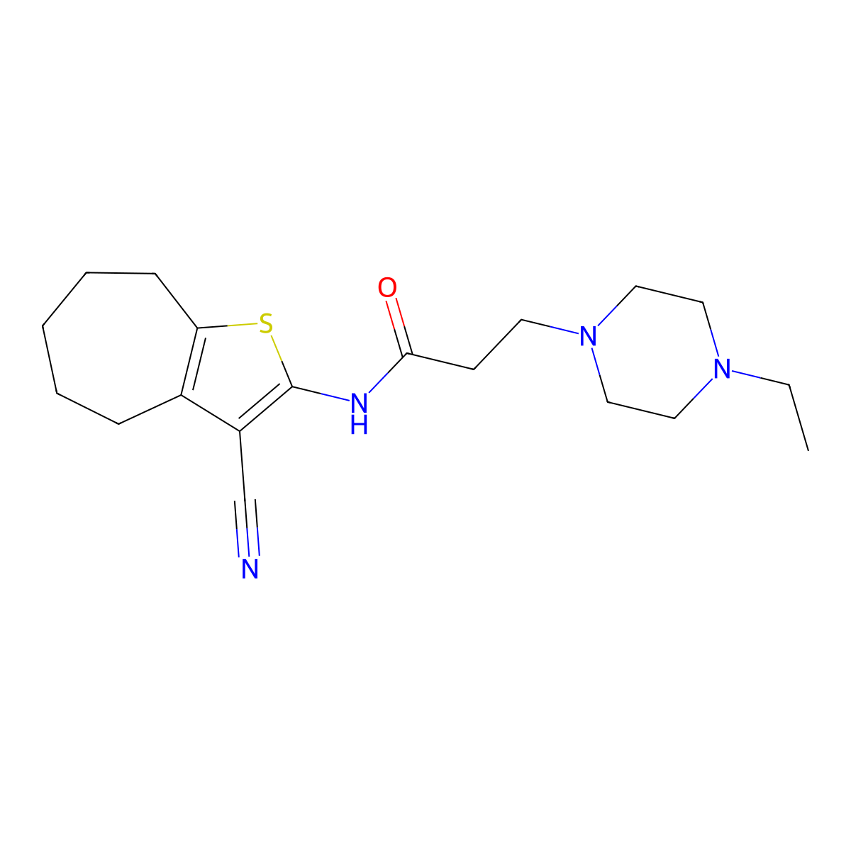 N-(3-cyano-5,6,7,8-tetrahydro-4H-cyclohepta[b]thiophen-2-yl)-3-(4-ethylpiperazin-1-yl)propanamide molecular structure, CAS 670270-61-8