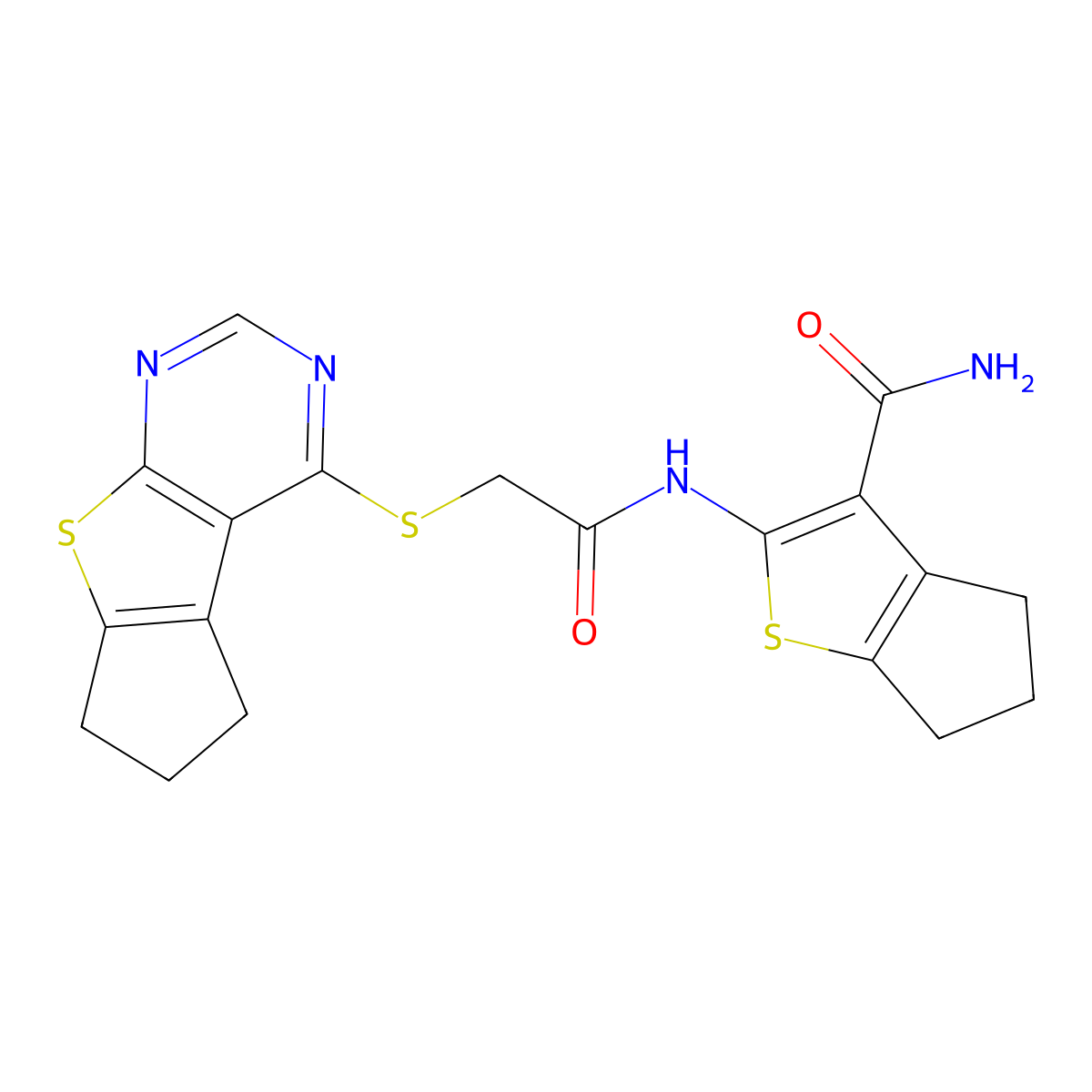 2-(2-((6,7-dihydro-5H-cyclopenta[4,5]thieno[2,3-d]pyrimidin-4-yl)thio)acetamido)-5,6-dihydro-4H-cyclopenta[b]thiophene-3-carboxamide molecular structure, CAS 670270-66-3