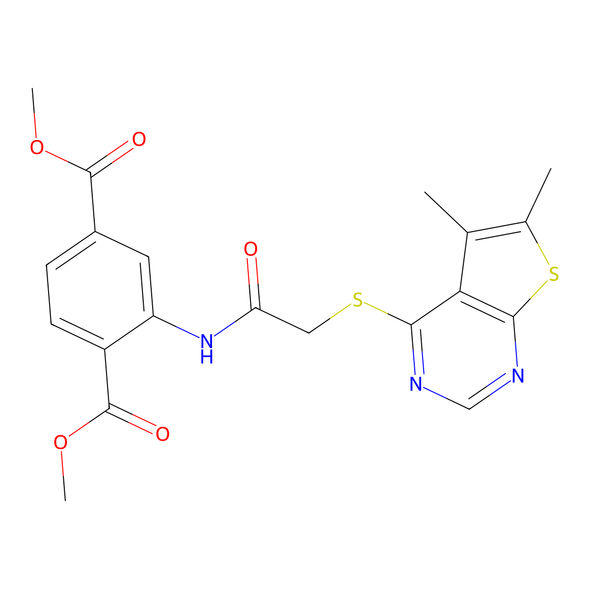 Dimethyl 2-(2-((5,6-dimethylthieno[2,3-d]pyrimidin-4-yl)thio)acetamido)terephthalate molecular structure, CAS 670270-73-2