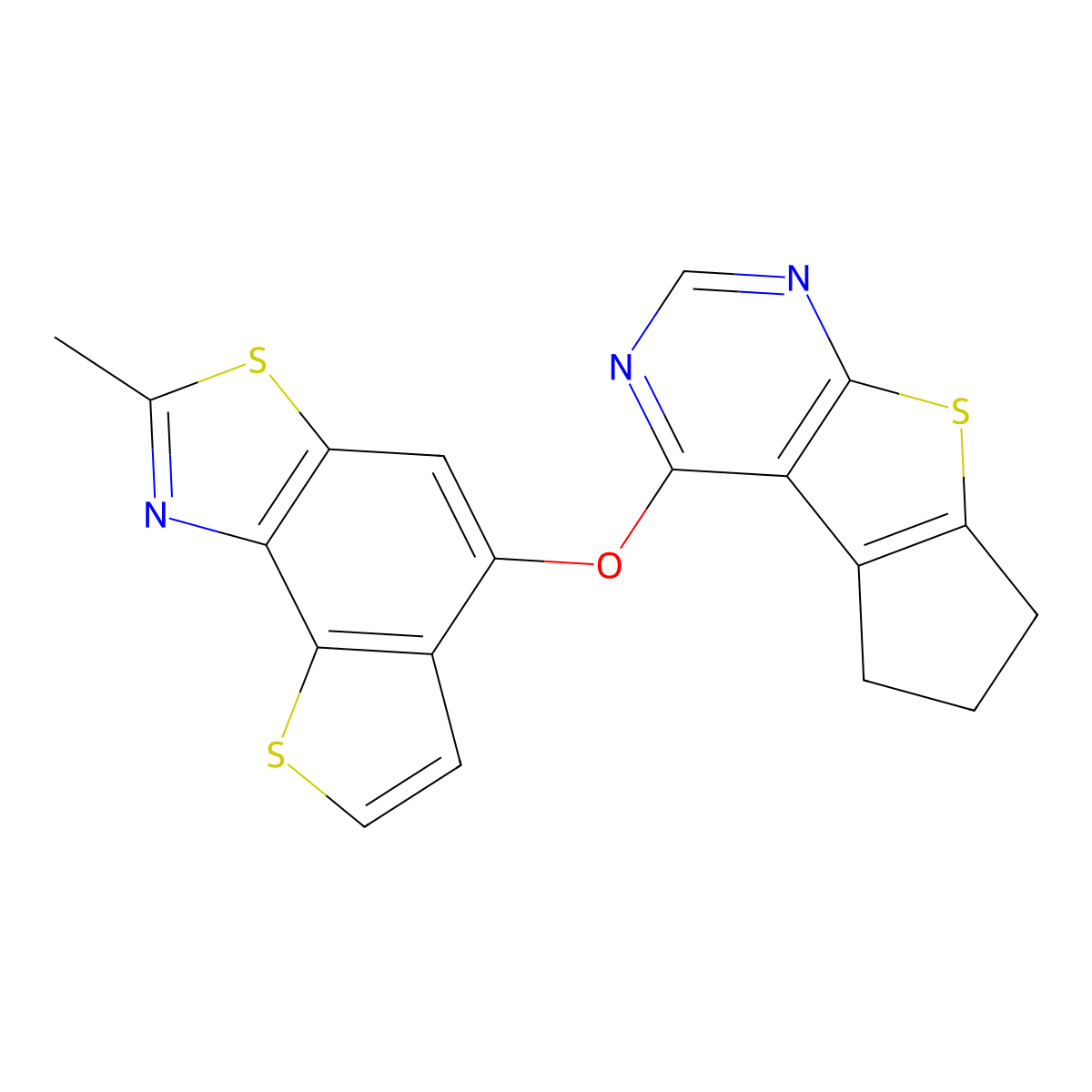 4-Methyl-8-{7-thia-9,11-diazatricyclo[6.4.0.0^{2,6}]dodeca-1(8),2(6),9,11-tetraen-12-yloxy}-5,12-dithia-3-azatricyclo[7.3.0.0^{2,6}]dodeca-1(9),2(6),3,7,10-pentaene molecular structure, CAS 670270-79-8