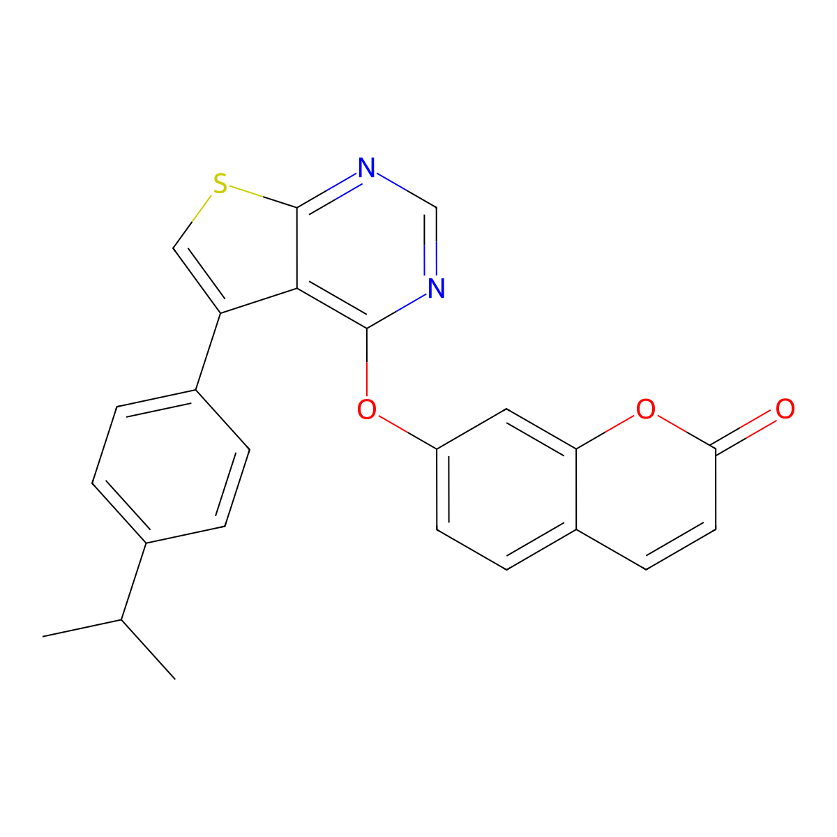 7-((5-(4-isopropylphenyl)thieno[2,3-d]pyrimidin-4-yl)oxy)-2H-chromen-2-one molecular structure, CAS 670270-82-3