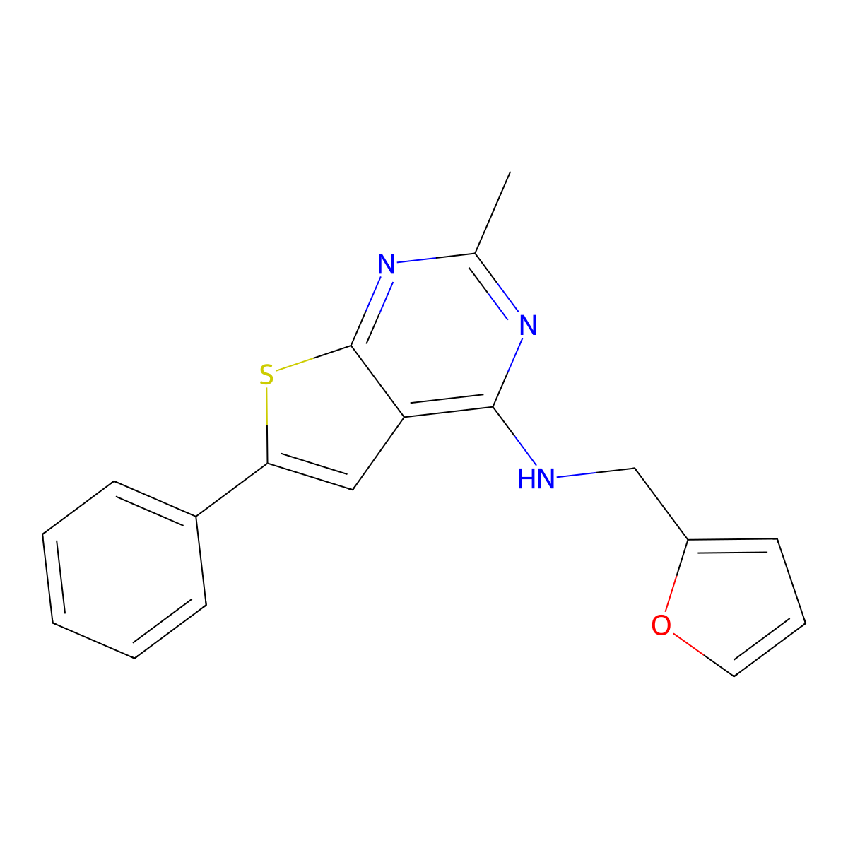 N-(furan-2-ylmethyl)-2-methyl-6-phenylthieno[2,3-d]pyrimidin-4-amine molecular structure, CAS 670270-85-6