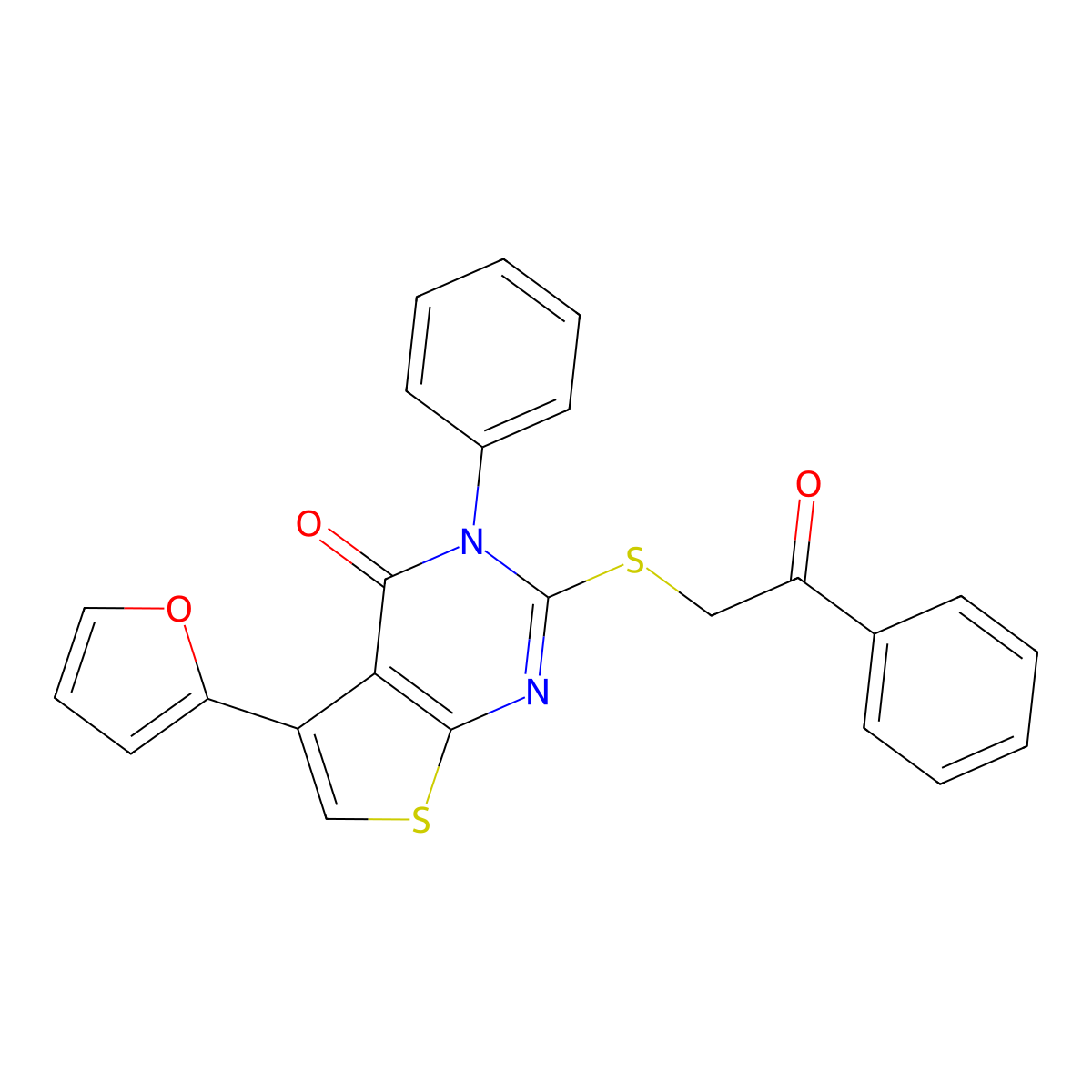 5-(Furan-2-yl)-2-phenacylsulfanyl-3-phenylthieno[2,3-d]pyrimidin-4-one molecular structure, CAS 670270-86-7