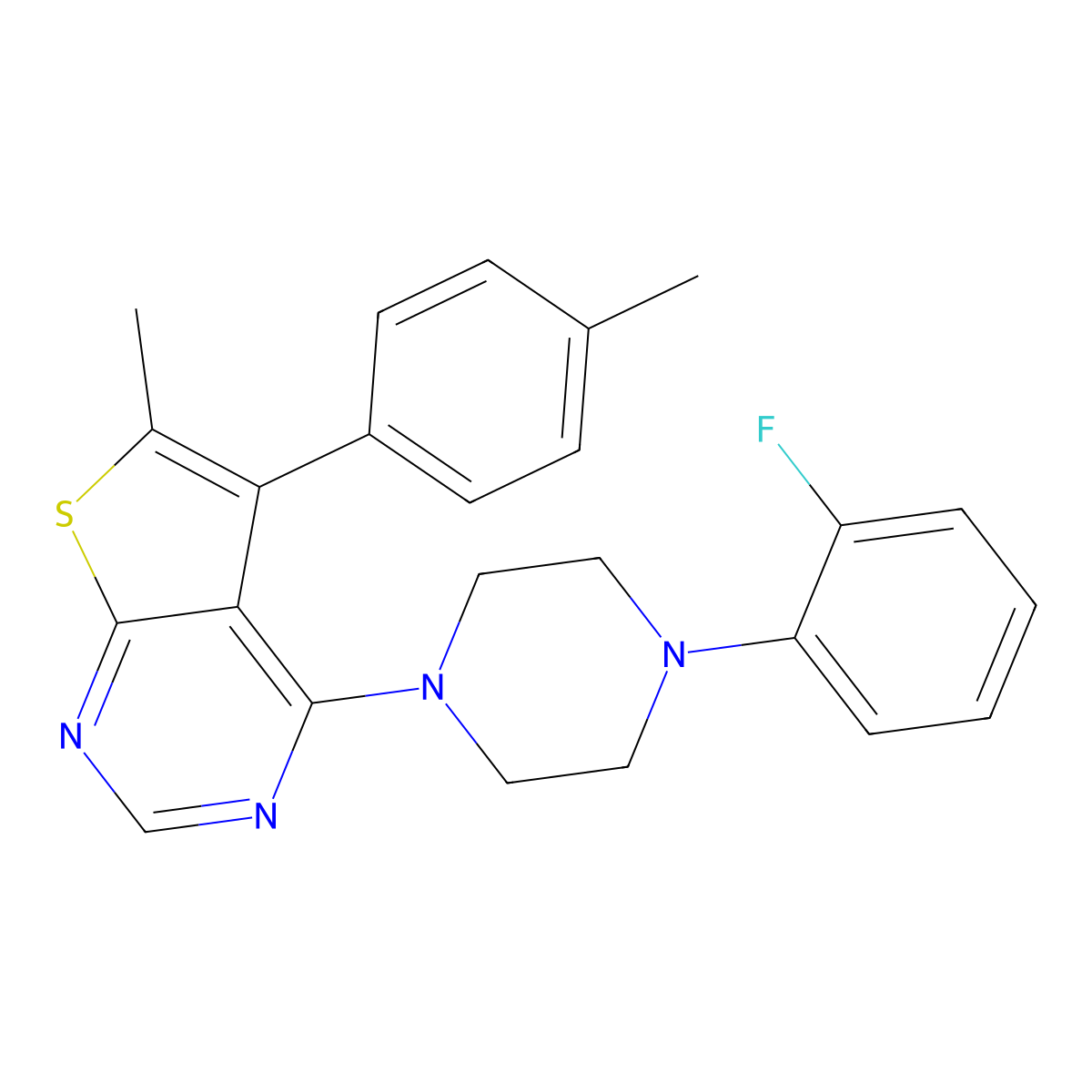 4-(4-(2-Fluorophenyl)piperazin-1-yl)-6-methyl-5-(p-tolyl)thieno[2,3-d]pyrimidine molecular structure, CAS 670271-02-0