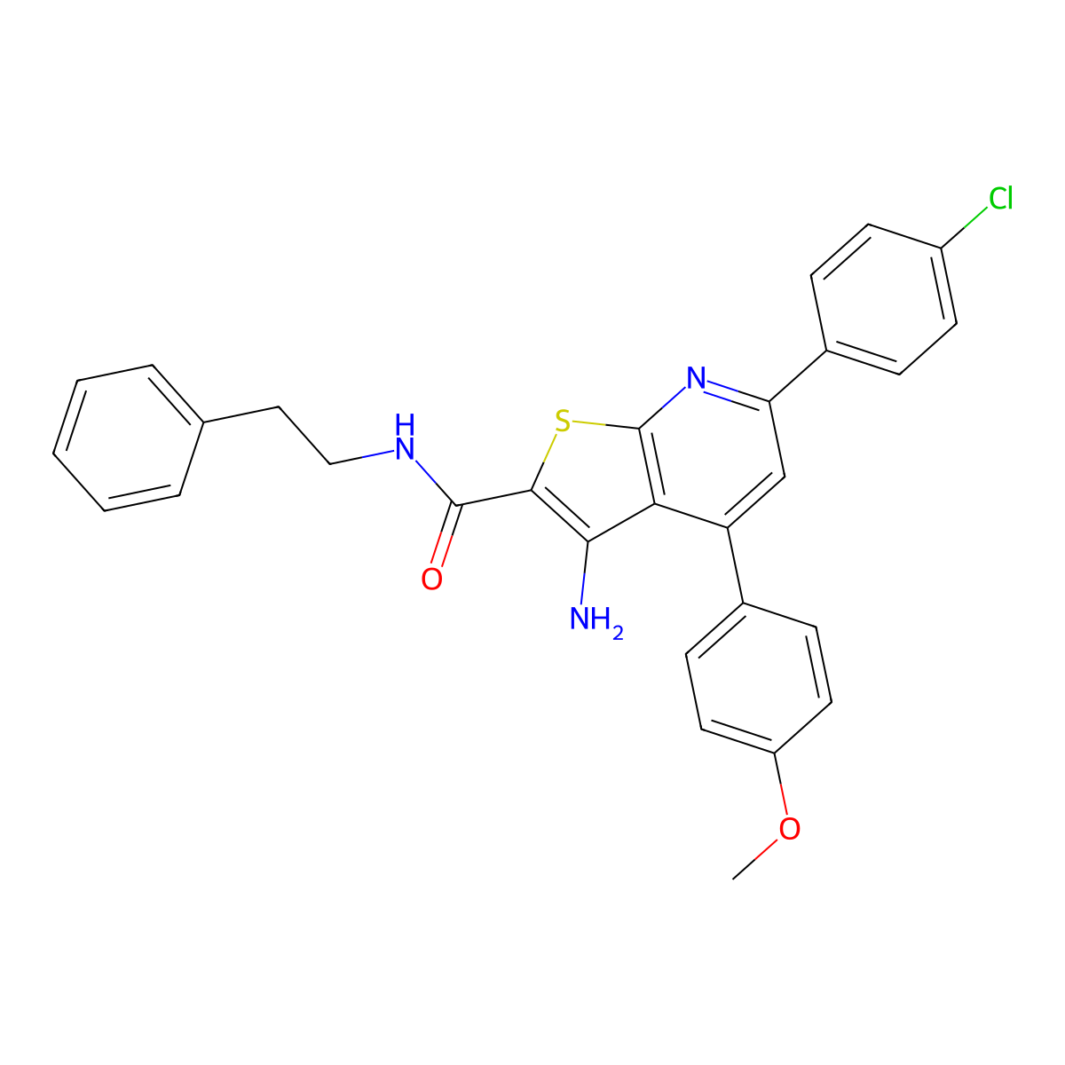 3-amino-6-(4-chlorophenyl)-4-(4-methoxyphenyl)-N-phenethylthieno[2,3-b]pyridine-2-carboxamide molecular structure, CAS 670271-22-4