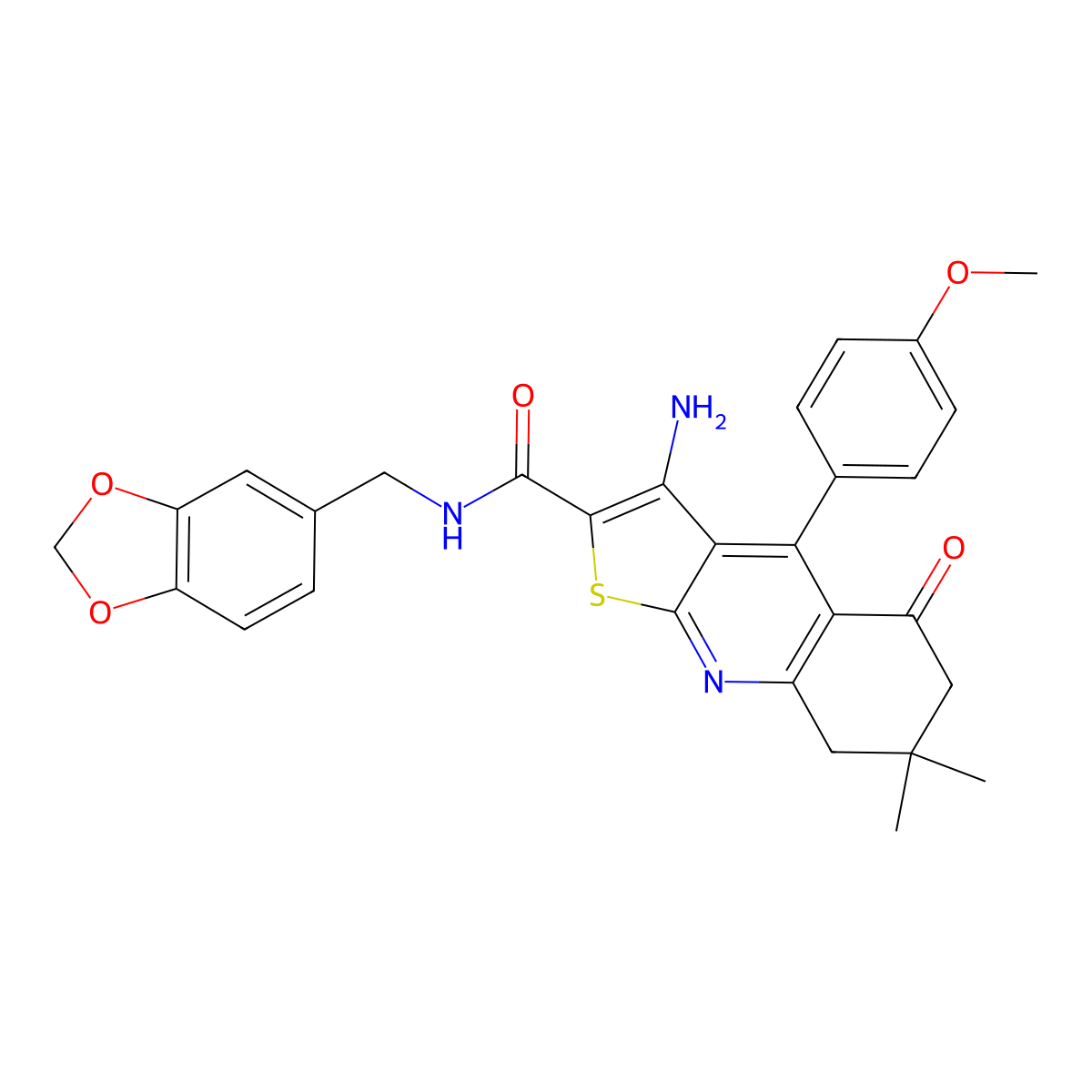 3-amino-N-(1,3-benzodioxol-5-ylmethyl)-4-(4-methoxyphenyl)-7,7-dimethyl-5-oxo-6,8-dihydrothieno[2,3-b]quinoline-2-carboxamide molecular structure, CAS 670271-30-4