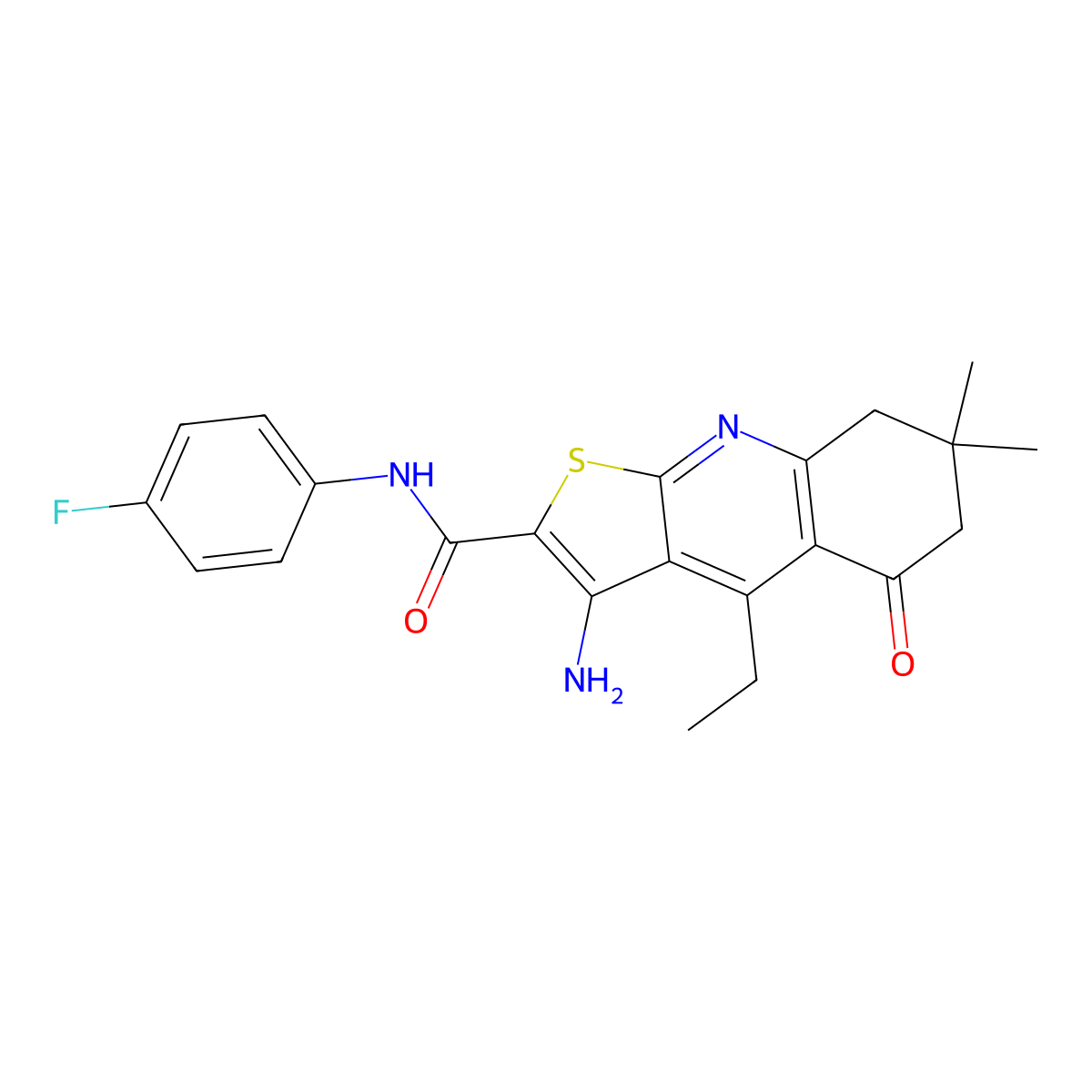 3-amino-4-ethyl-N-(4-fluorophenyl)-7,7-dimethyl-5-oxo-5,6,7,8-tetrahydrothieno[2,3-b]quinoline-2-carboxamide molecular structure, CAS 670271-38-2