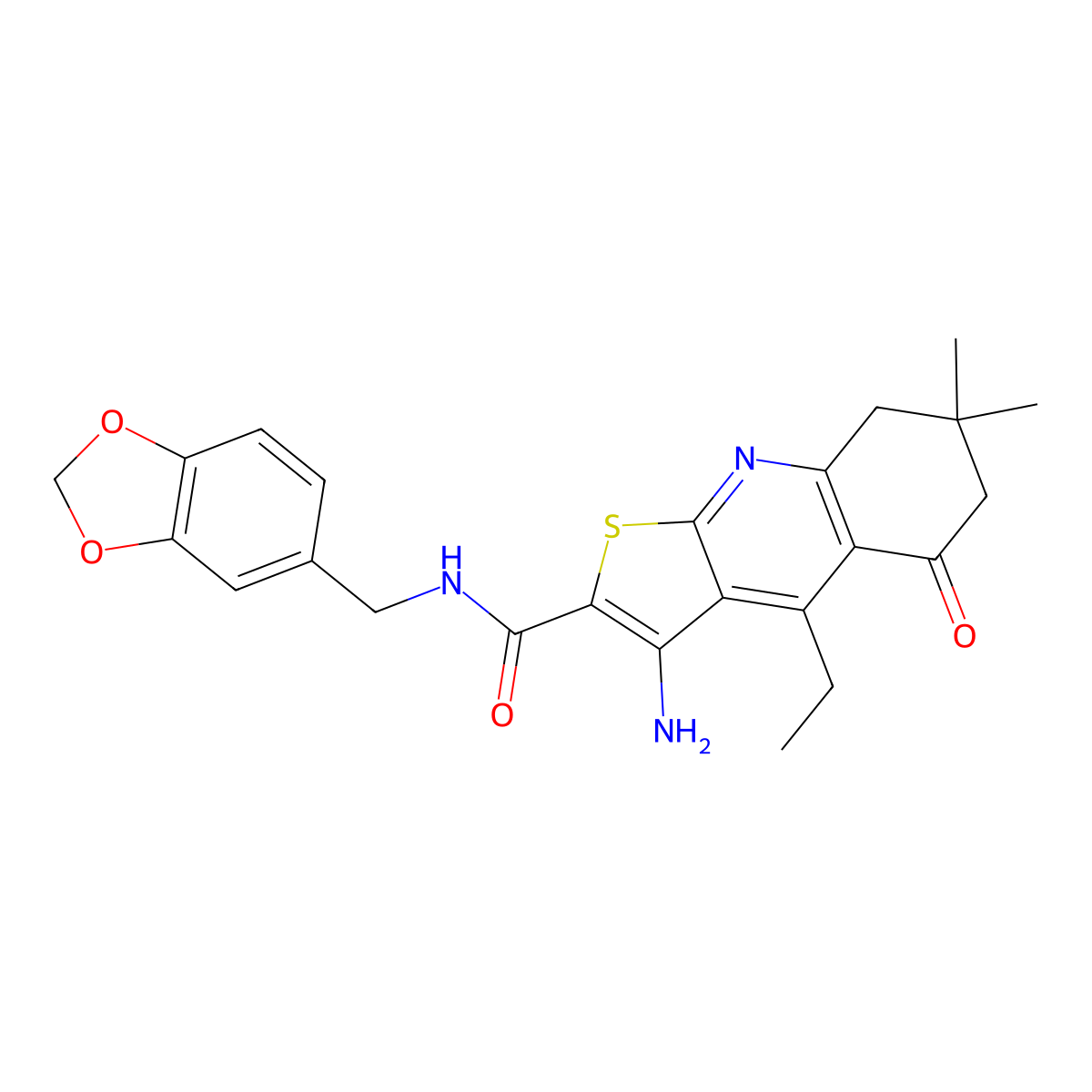 3-amino-N-(1,3-benzodioxol-5-ylmethyl)-4-ethyl-7,7-dimethyl-5-oxo-6,8-dihydrothieno[2,3-b]quinoline-2-carboxamide molecular structure, CAS 670271-39-3