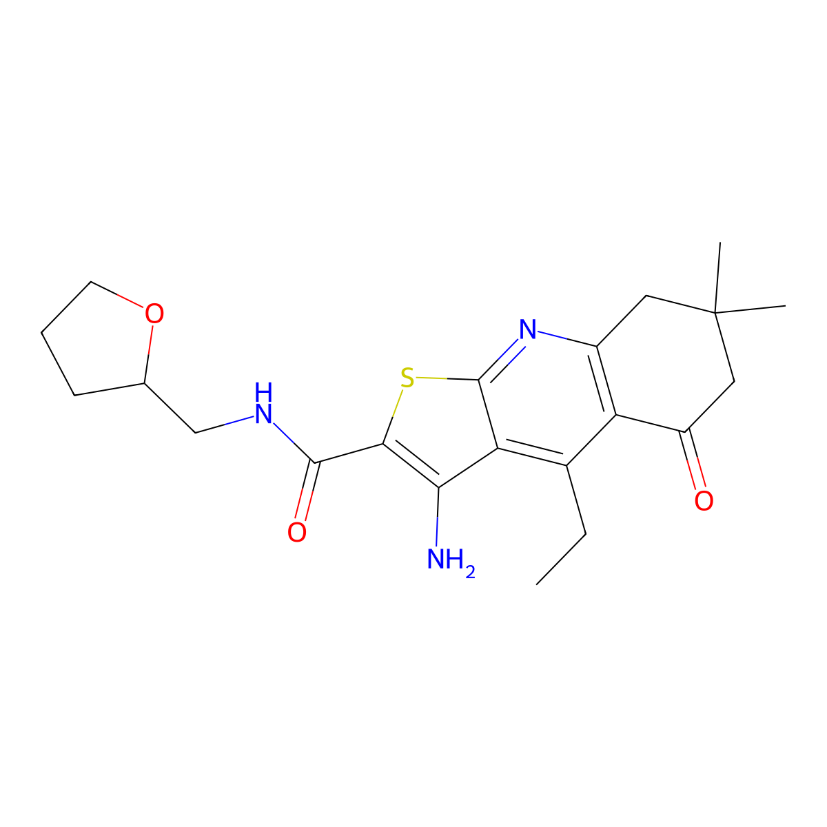 3-amino-4-ethyl-7,7-dimethyl-5-oxo-N-[(oxolan-2-yl)methyl]-5H,6H,7H,8H-thieno[2,3-b]quinoline-2-carboxamide molecular structure, CAS 670271-41-7