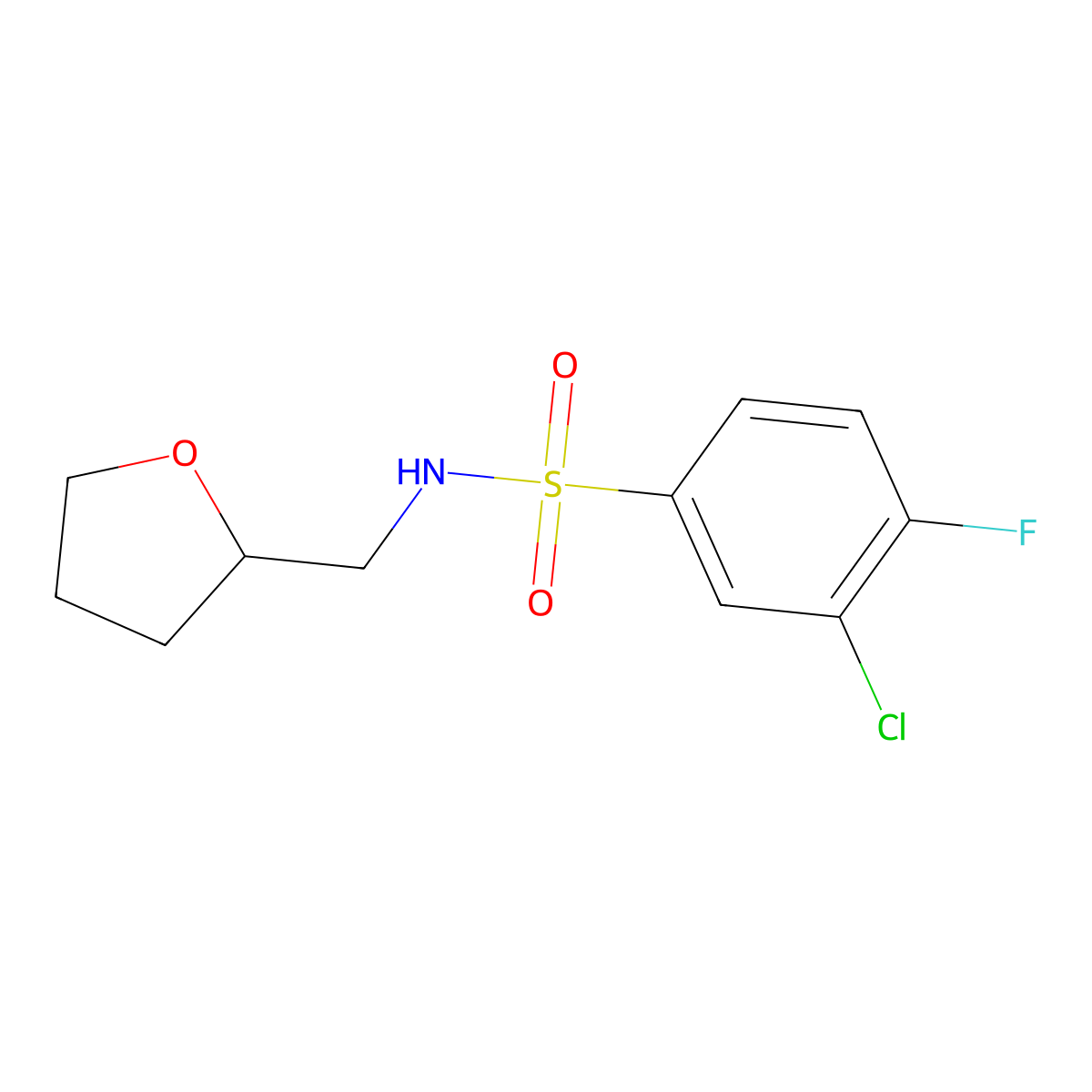 3-chloro-4-fluoro-N-[(oxolan-2-yl)methyl]benzene-1-sulfonamide molecular structure, CAS 670271-86-0