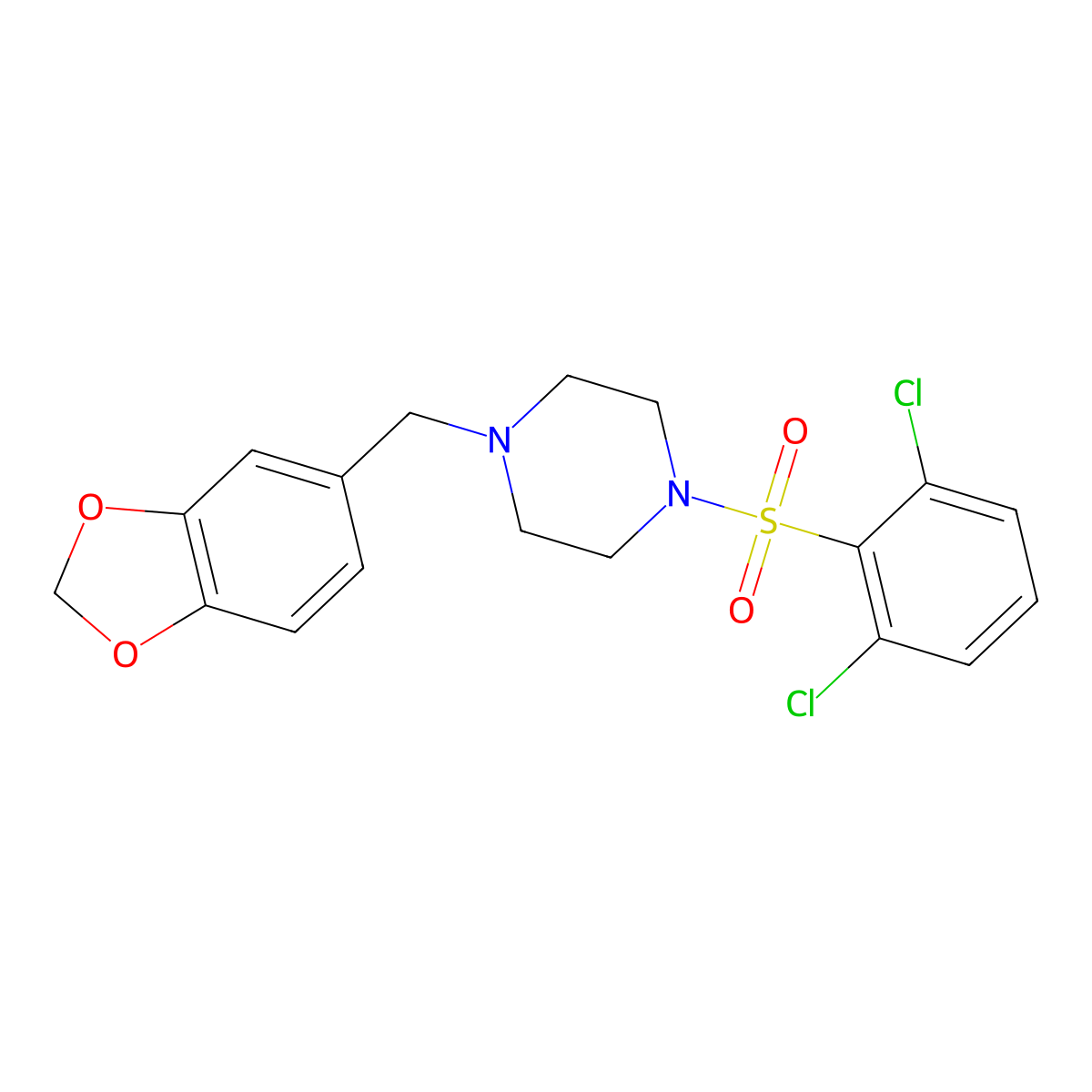 1-(1,3-Benzodioxol-5-ylmethyl)-4-(2,6-dichlorophenyl)sulfonylpiperazine molecular structure, CAS 670272-27-2
