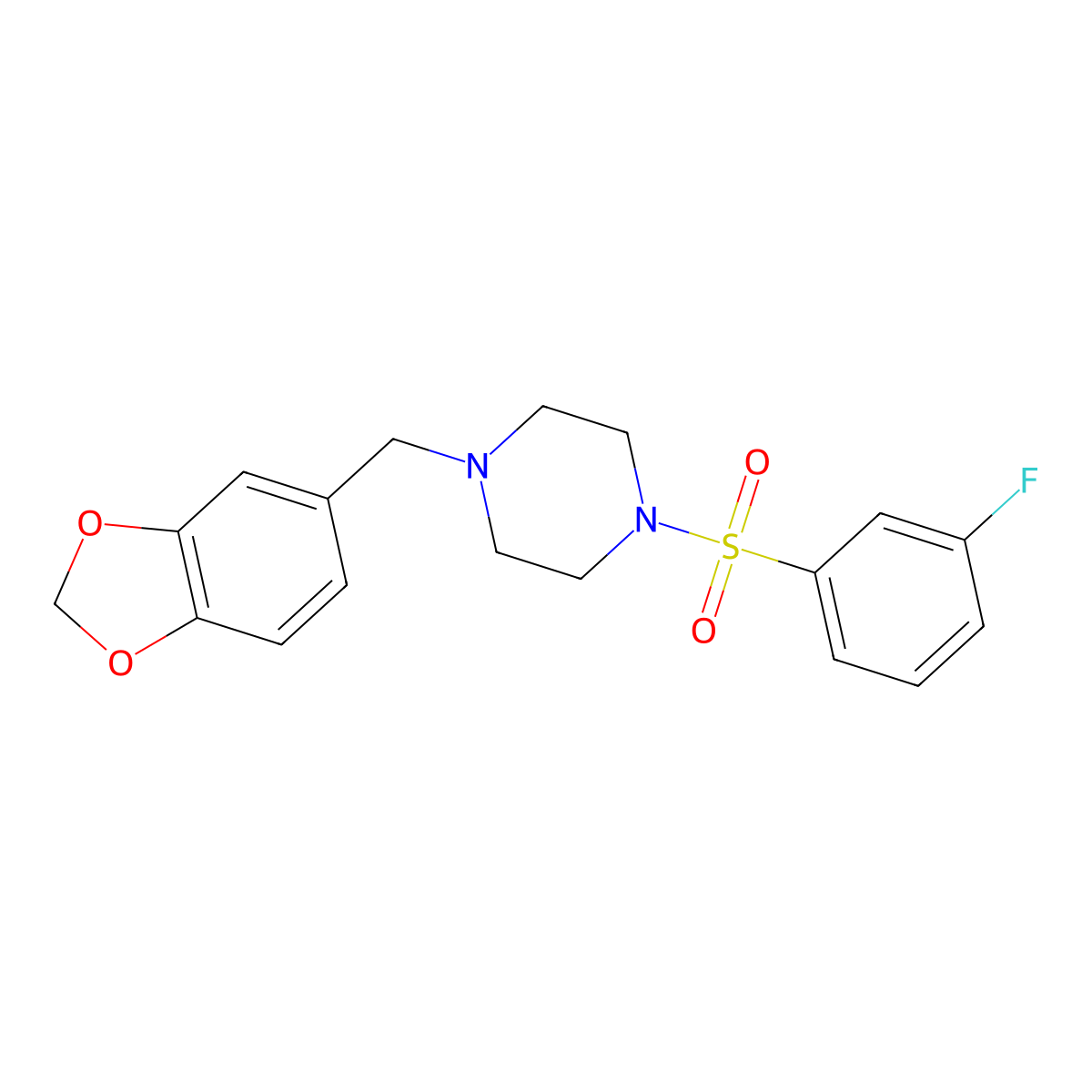1-(1,3-Benzodioxol-5-ylmethyl)-4-(3-fluorophenyl)sulfonylpiperazine molecular structure, CAS 670272-30-7