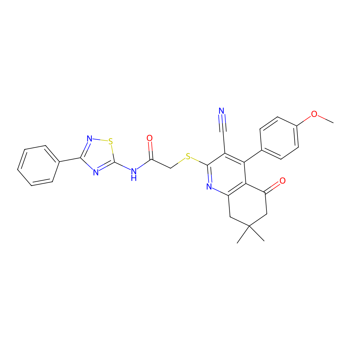 2-[[3-cyano-4-(4-methoxyphenyl)-7,7-dimethyl-5-oxo-6,8-dihydroquinolin-2-yl]sulfanyl]-N-(3-phenyl-1,2,4-thiadiazol-5-yl)acetamide molecular structure, CAS 670272-75-0