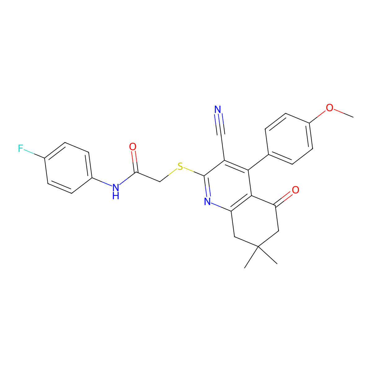 2-[[3-cyano-4-(4-methoxyphenyl)-7,7-dimethyl-5-oxo-6,8-dihydroquinolin-2-yl]sulfanyl]-N-(4-fluorophenyl)acetamide molecular structure, CAS 670272-77-2