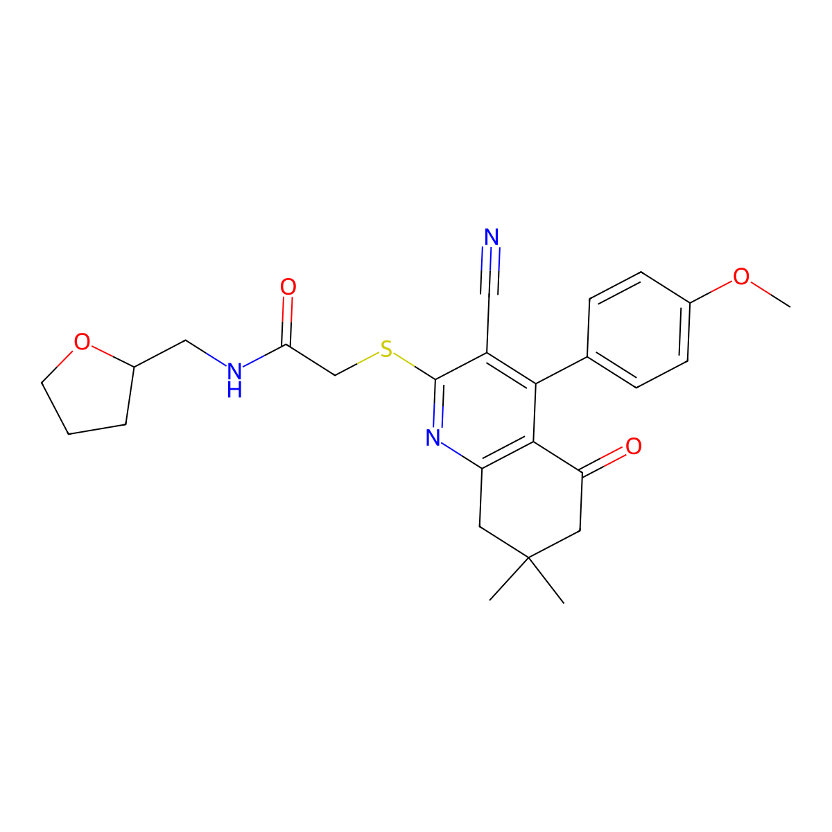 2-[[3-cyano-4-(4-methoxyphenyl)-7,7-dimethyl-5-oxo-6,8-dihydroquinolin-2-yl]sulfanyl]-N-(oxolan-2-ylmethyl)acetamide molecular structure, CAS 670272-78-3