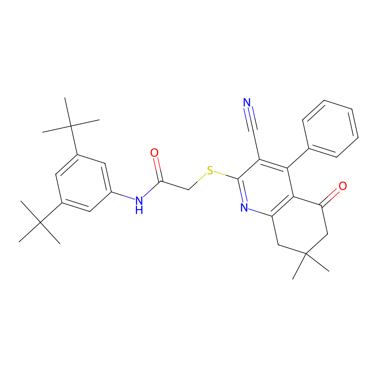 2-[(3-cyano-7,7-dimethyl-5-oxo-4-phenyl-6,8-dihydroquinolin-2-yl)sulfanyl]-N-(3,5-ditert-butylphenyl)acetamide molecular structure, CAS 670272-79-4
