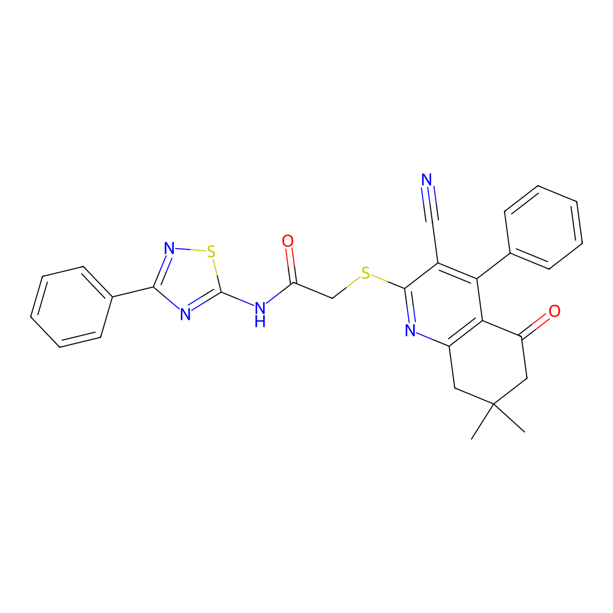 2-[(3-cyano-7,7-dimethyl-5-oxo-4-phenyl-6,8-dihydroquinolin-2-yl)sulfanyl]-N-(3-phenyl-1,2,4-thiadiazol-5-yl)acetamide molecular structure, CAS 670272-80-7