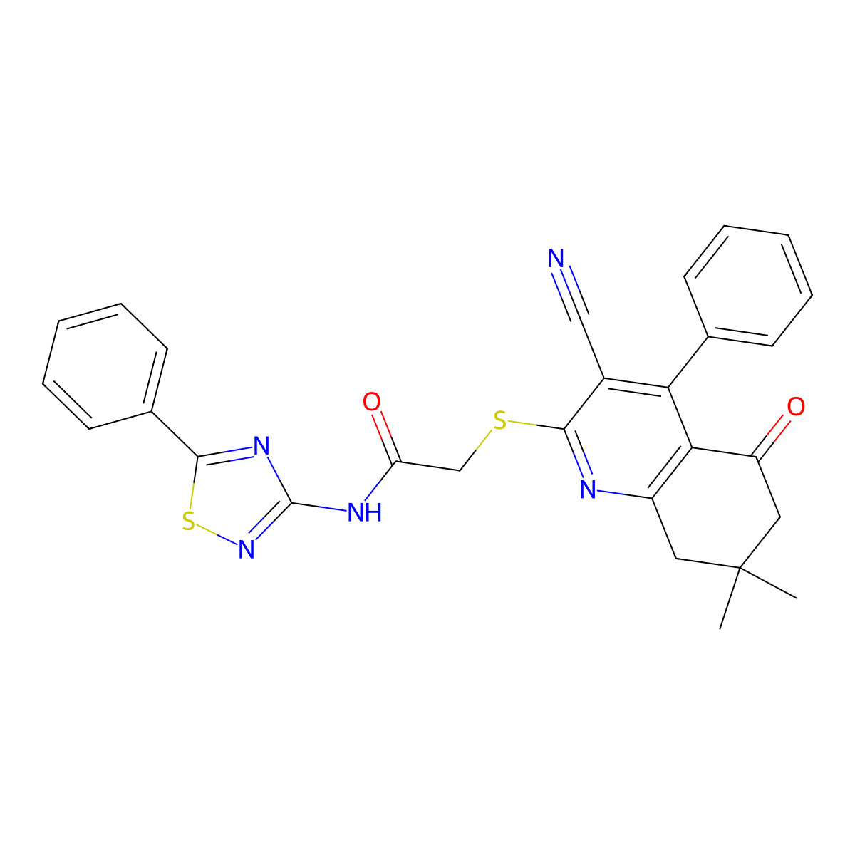 2-[(3-cyano-7,7-dimethyl-5-oxo-4-phenyl-6,8-dihydroquinolin-2-yl)sulfanyl]-N-(5-phenyl-1,2,4-thiadiazol-3-yl)acetamide molecular structure, CAS 670272-81-8