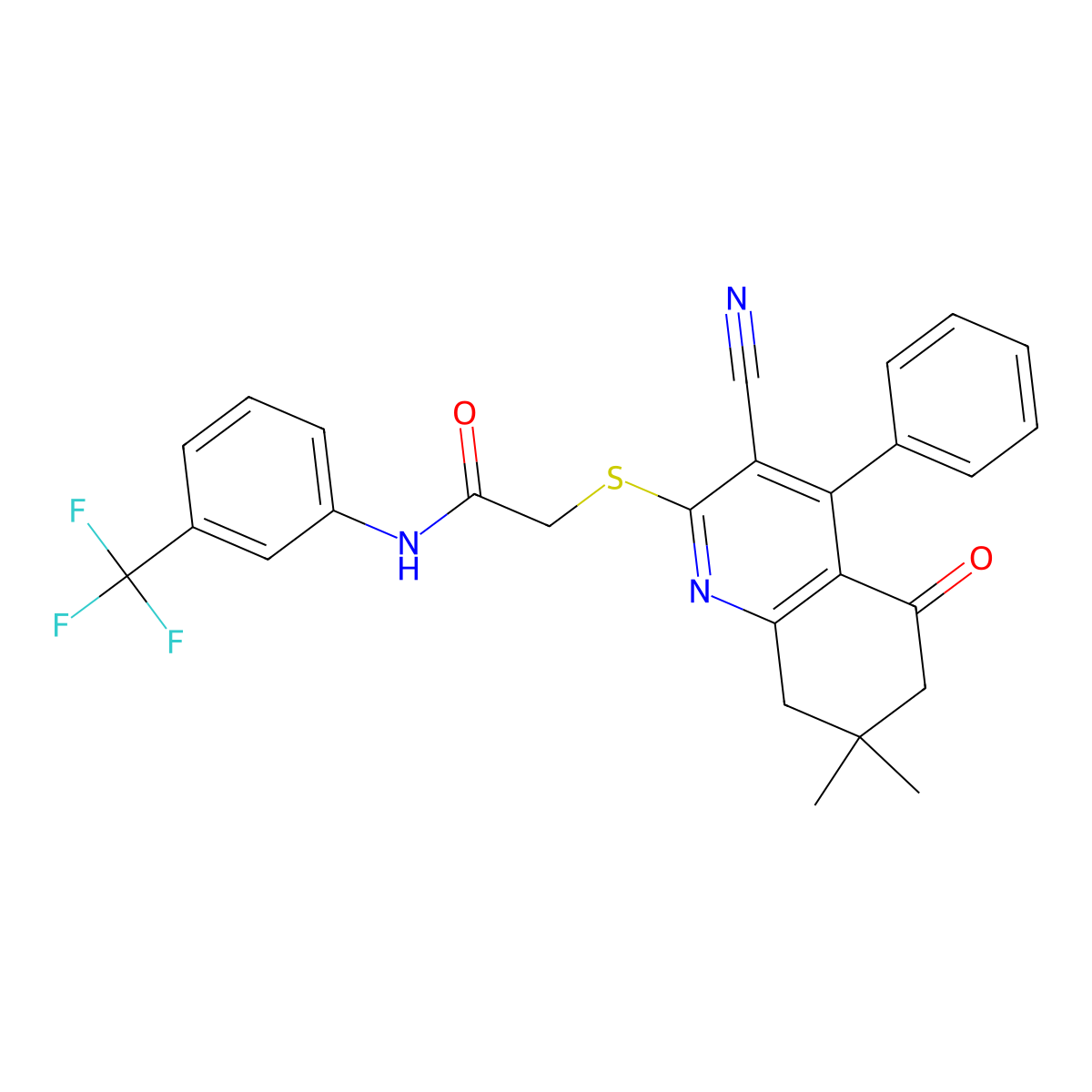 2-[(3-cyano-7,7-dimethyl-5-oxo-4-phenyl-6,8-dihydroquinolin-2-yl)sulfanyl]-N-[3-(trifluoromethyl)phenyl]acetamide molecular structure, CAS 670272-82-9