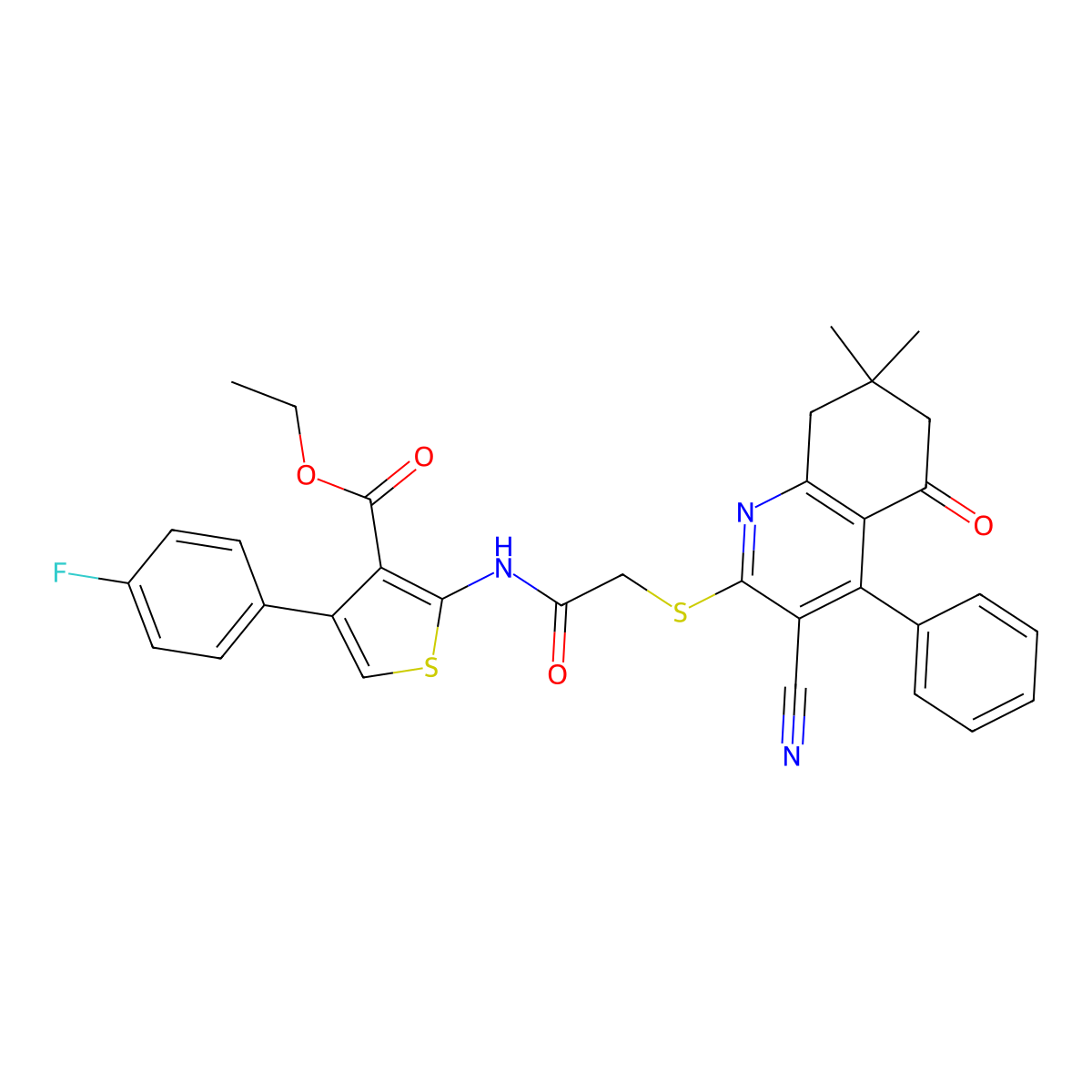 Ethyl 2-[[2-[(3-cyano-7,7-dimethyl-5-oxo-4-phenyl-6,8-dihydroquinolin-2-yl)sulfanyl]acetyl]amino]-4-(4-fluorophenyl)thiophene-3-carboxylate molecular structure, CAS 670272-83-0
