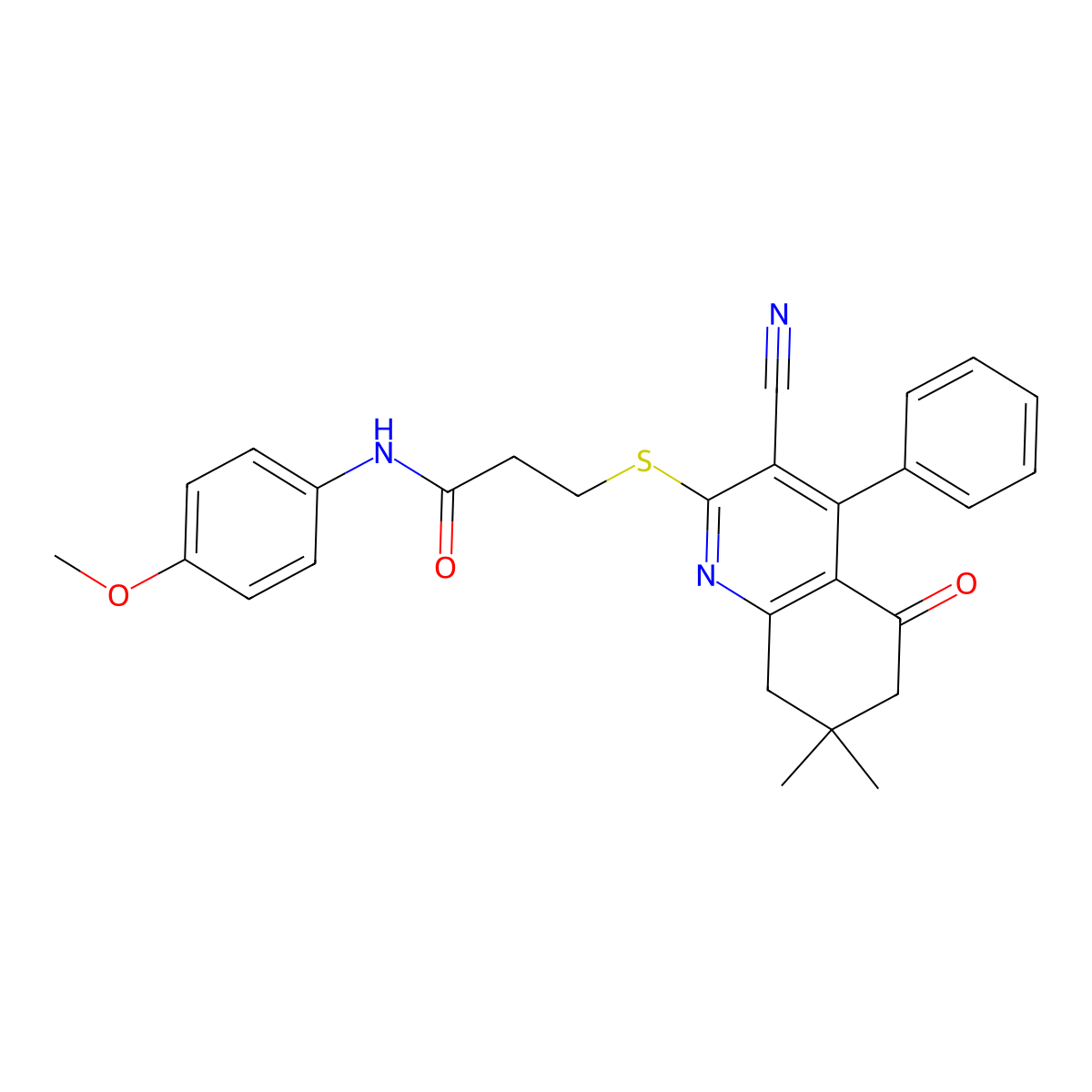3-[(3-cyano-7,7-dimethyl-5-oxo-4-phenyl-6,8-dihydroquinolin-2-yl)sulfanyl]-N-(4-methoxyphenyl)propanamide molecular structure, CAS 670272-84-1