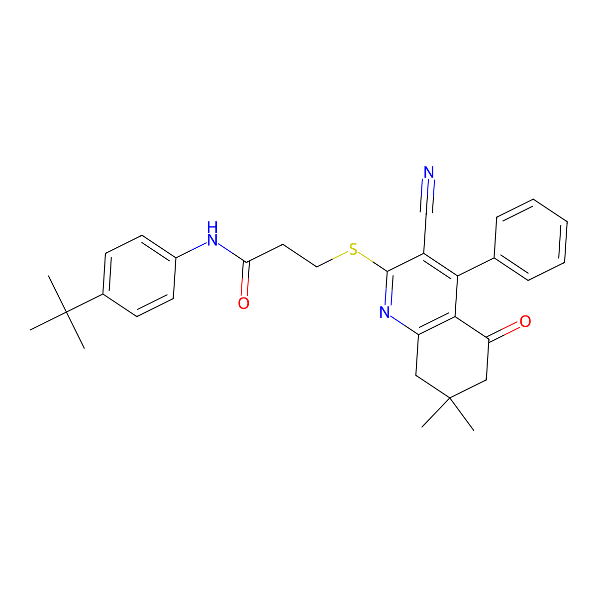 N-(4-(tert-butyl)phenyl)-3-((3-cyano-7,7-dimethyl-5-oxo-4-phenyl-5,6,7,8-tetrahydroquinolin-2-yl)thio)propanamide molecular structure, CAS 670272-85-2