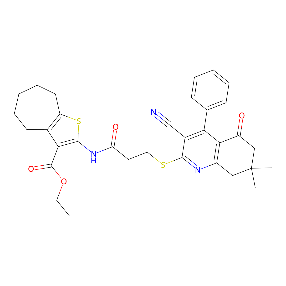 ethyl 2-[3-[(3-cyano-7,7-dimethyl-5-oxo-4-phenyl-6,8-dihydroquinolin-2-yl)sulfanyl]propanoylamino]-5,6,7,8-tetrahydro-4H-cyclohepta[b]thiophene-3-carboxylate molecular structure, CAS 670272-86-3