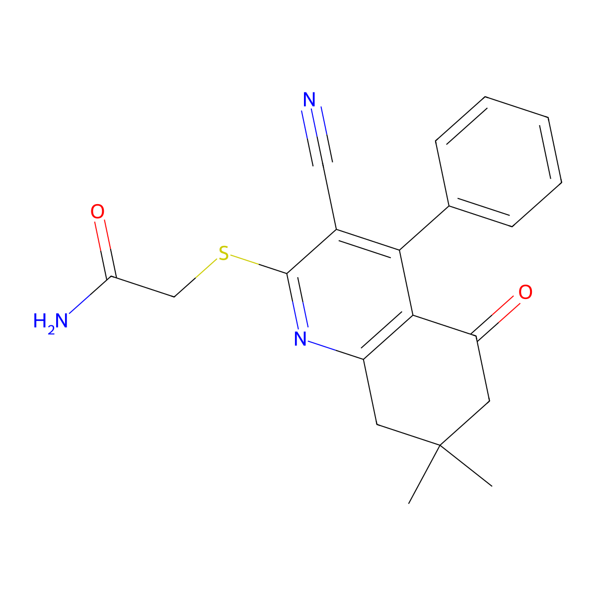 2-((3-Cyano-7,7-dimethyl-5-oxo-4-phenyl-5,6,7,8-tetrahydroquinolin-2-yl)sulfanyl)acetamide molecular structure, CAS 670272-87-4