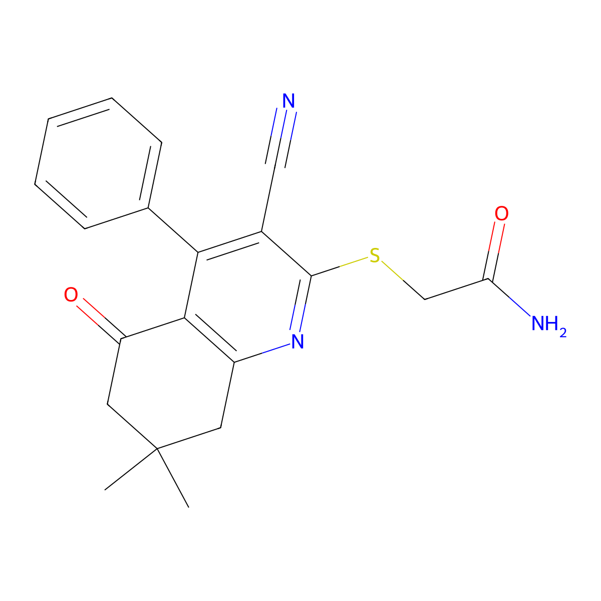 2-((3-Cyano-7,7-dimethyl-5-oxo-4-phenyl-5,6,7,8-tetrahydroquinolin-2-yl)sulfanyl)acetamide molecular structure, CAS 670272-87-4