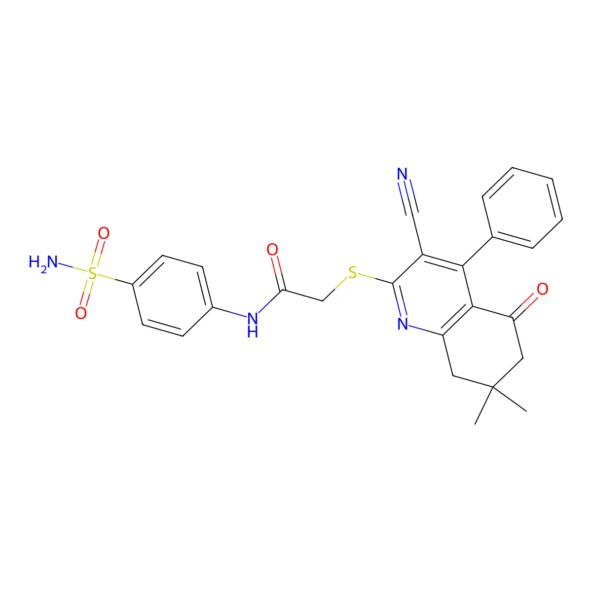 2-[(3-cyano-7,7-dimethyl-5-oxo-4-phenyl-6,8-dihydroquinolin-2-yl)sulfanyl]-N-(4-sulfamoylphenyl)acetamide molecular structure, CAS 670272-88-5