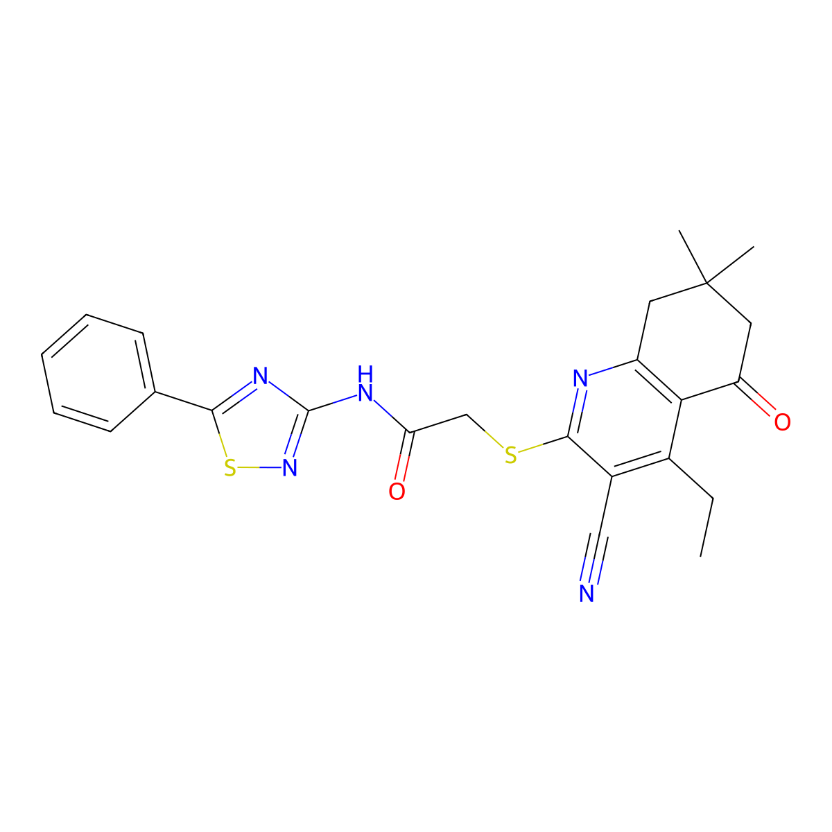 2-[(3-cyano-4-ethyl-7,7-dimethyl-5-oxo-6,8-dihydroquinolin-2-yl)sulfanyl]-N-(5-phenyl-1,2,4-thiadiazol-3-yl)acetamide molecular structure, CAS 670272-89-6