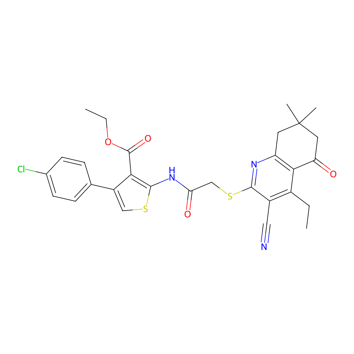 Ethyl 4-(4-chlorophenyl)-2-[[2-[(3-cyano-4-ethyl-7,7-dimethyl-5-oxo-6,8-dihydroquinolin-2-yl)sulfanyl]acetyl]amino]thiophene-3-carboxylate molecular structure, CAS 670272-90-9