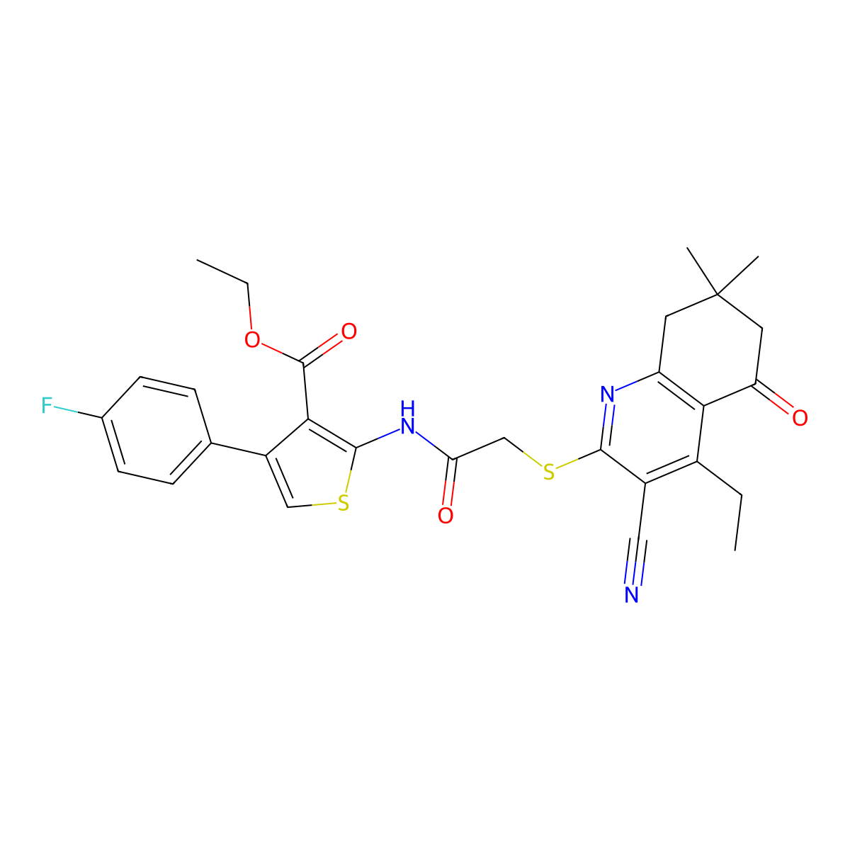 Ethyl 2-[[2-[(3-cyano-4-ethyl-7,7-dimethyl-5-oxo-6,8-dihydroquinolin-2-yl)sulfanyl]acetyl]amino]-4-(4-fluorophenyl)thiophene-3-carboxylate molecular structure, CAS 670272-91-0