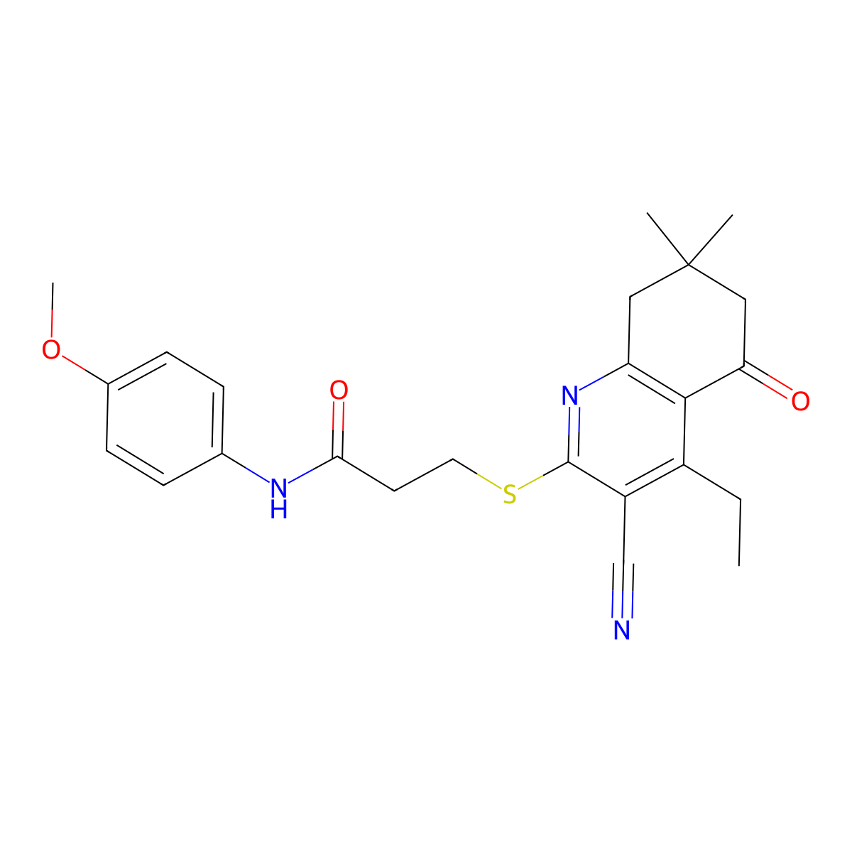 3-[(3-cyano-4-ethyl-7,7-dimethyl-5-oxo-5,6,7,8-tetrahydro-2-quinolinyl)sulfanyl]-N-(4-methoxyphenyl)propanamide molecular structure, CAS 670272-93-2