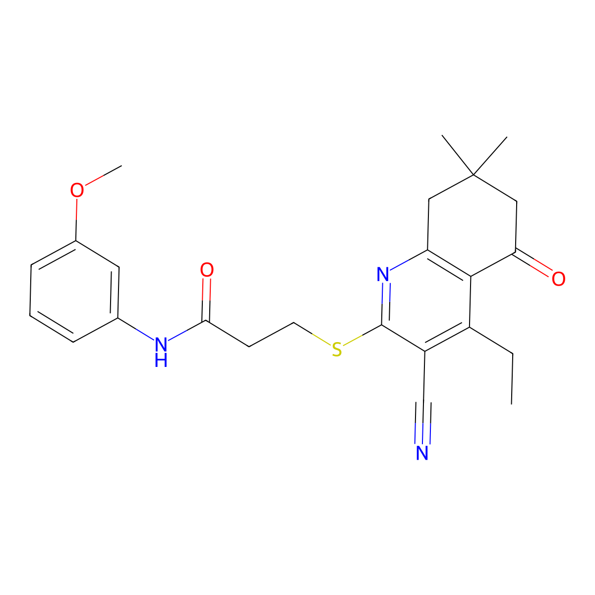 3-[(3-cyano-4-ethyl-7,7-dimethyl-5-oxo-6,8-dihydroquinolin-2-yl)sulfanyl]-N-(3-methoxyphenyl)propanamide molecular structure, CAS 670272-94-3