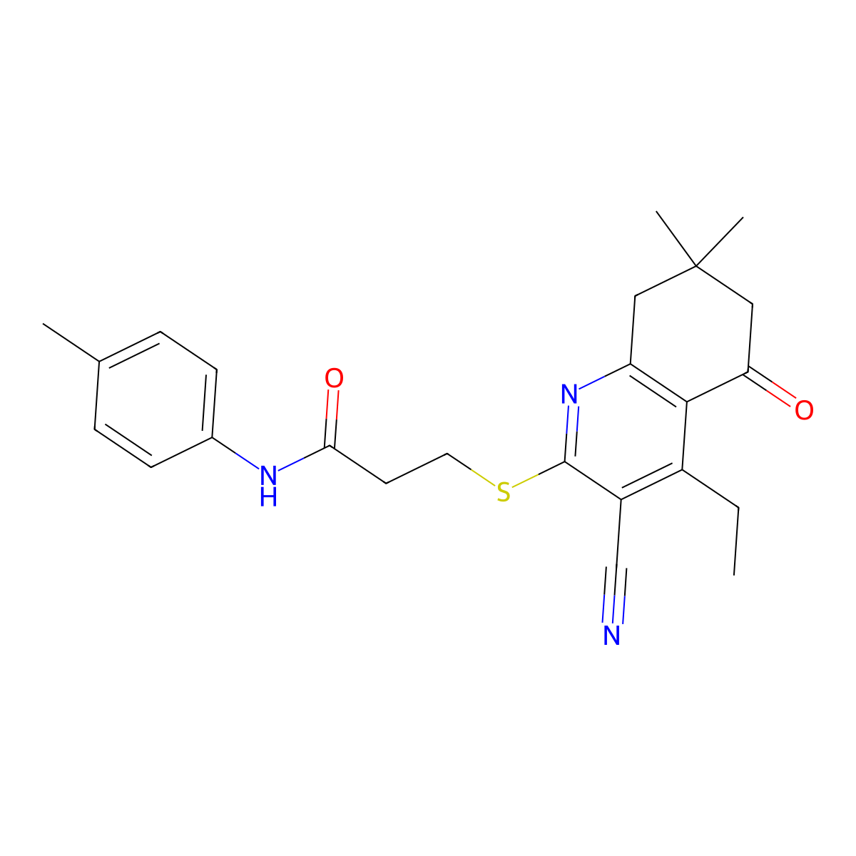 3-[(3-cyano-4-ethyl-7,7-dimethyl-5-oxo-6,8-dihydroquinolin-2-yl)sulfanyl]-N-(4-methylphenyl)propanamide molecular structure, CAS 670272-95-4