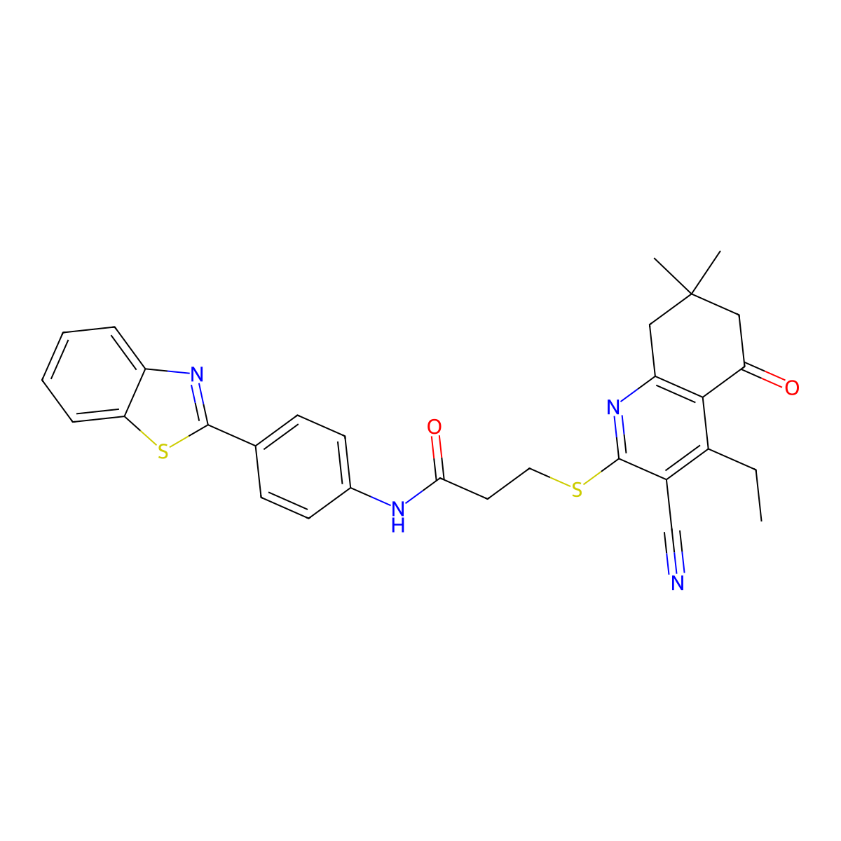 N-(4-(benzo[d]thiazol-2-yl)phenyl)-3-((3-cyano-4-ethyl-7,7-dimethyl-5-oxo-5,6,7,8-tetrahydroquinolin-2-yl)thio)propanamide molecular structure, CAS 670272-96-5