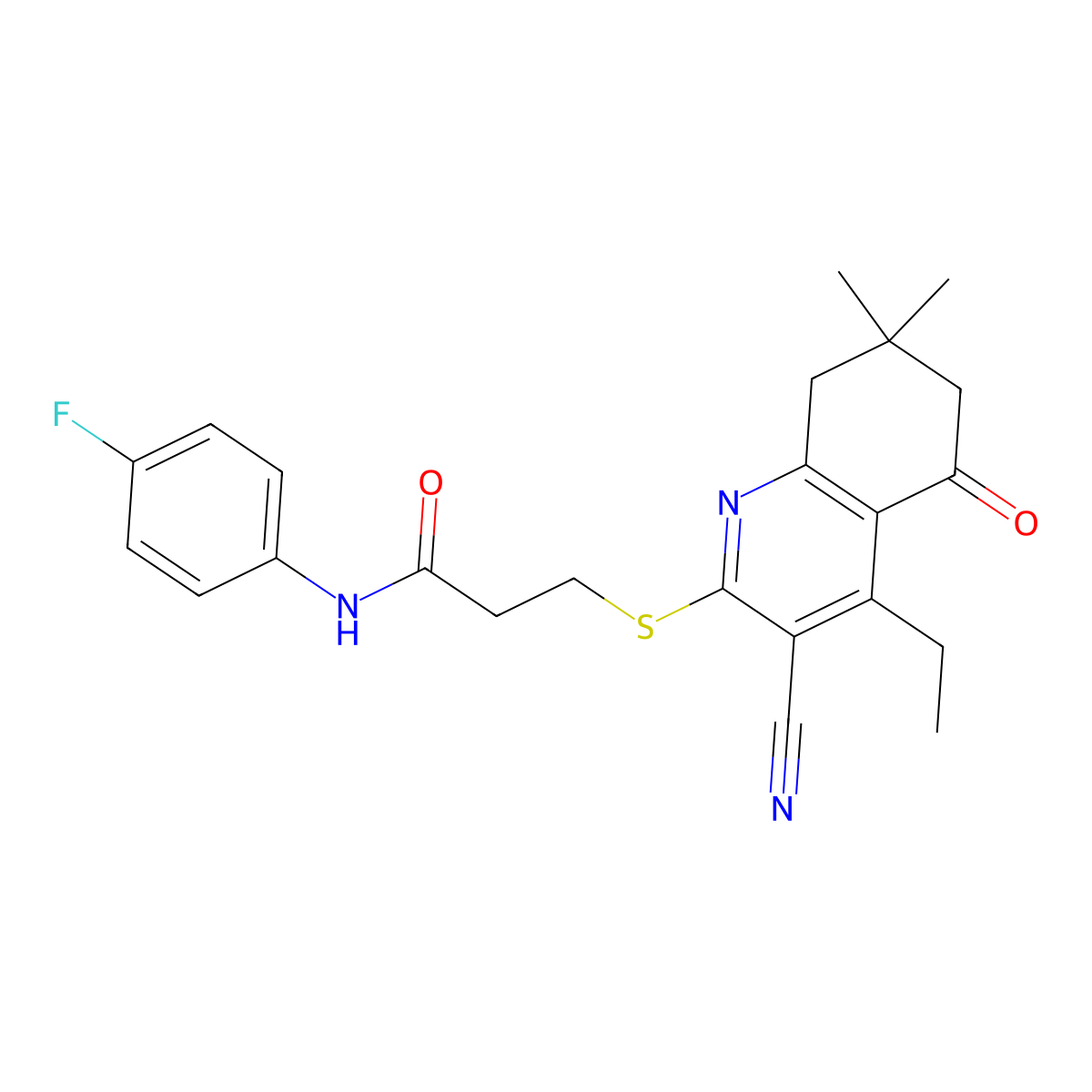 3-[(3-cyano-4-ethyl-7,7-dimethyl-5-oxo-6,8-dihydroquinolin-2-yl)sulfanyl]-N-(4-fluorophenyl)propanamide molecular structure, CAS 670272-97-6