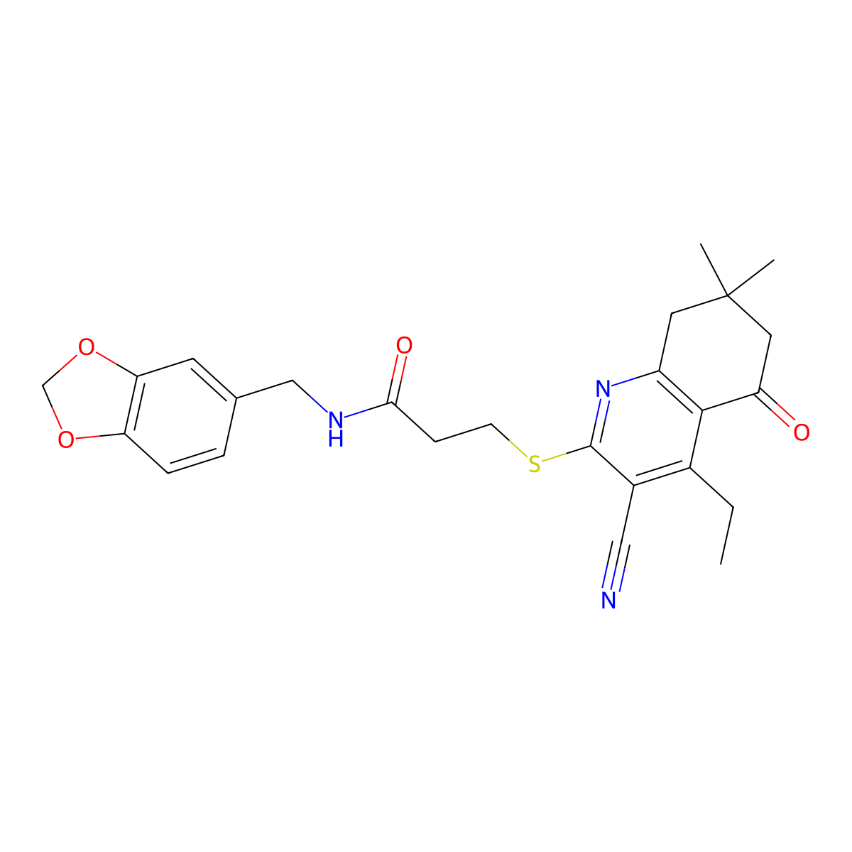 N-(1,3-benzodioxol-5-ylmethyl)-3-[(3-cyano-4-ethyl-7,7-dimethyl-5-oxo-6,8-dihydroquinolin-2-yl)sulfanyl]propanamide molecular structure, CAS 670272-98-7