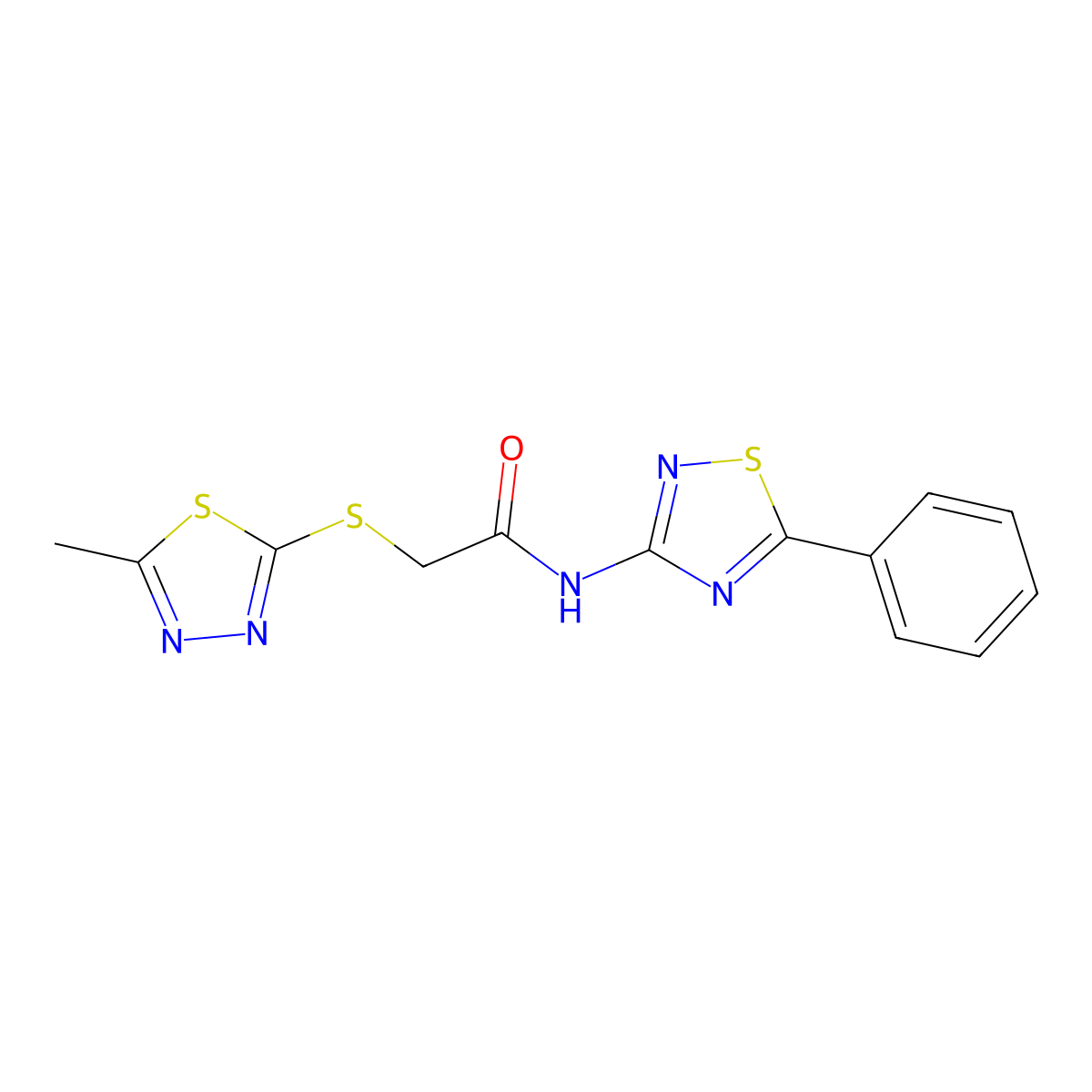 2-[(5-methyl-1,3,4-thiadiazol-2-yl)sulfanyl]-N-(5-phenyl-1,2,4-thiadiazol-3-yl)acetamide molecular structure, CAS 670273-02-6