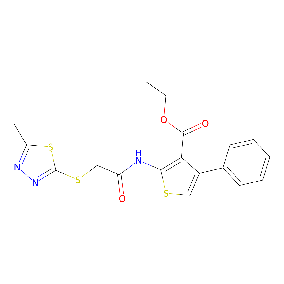 Ethyl 2-({[(5-methyl-1,3,4-thiadiazol-2-yl)thio]acetyl}amino)-4-phenyl-3-thiophenecarboxylate molecular structure, CAS 670273-05-9