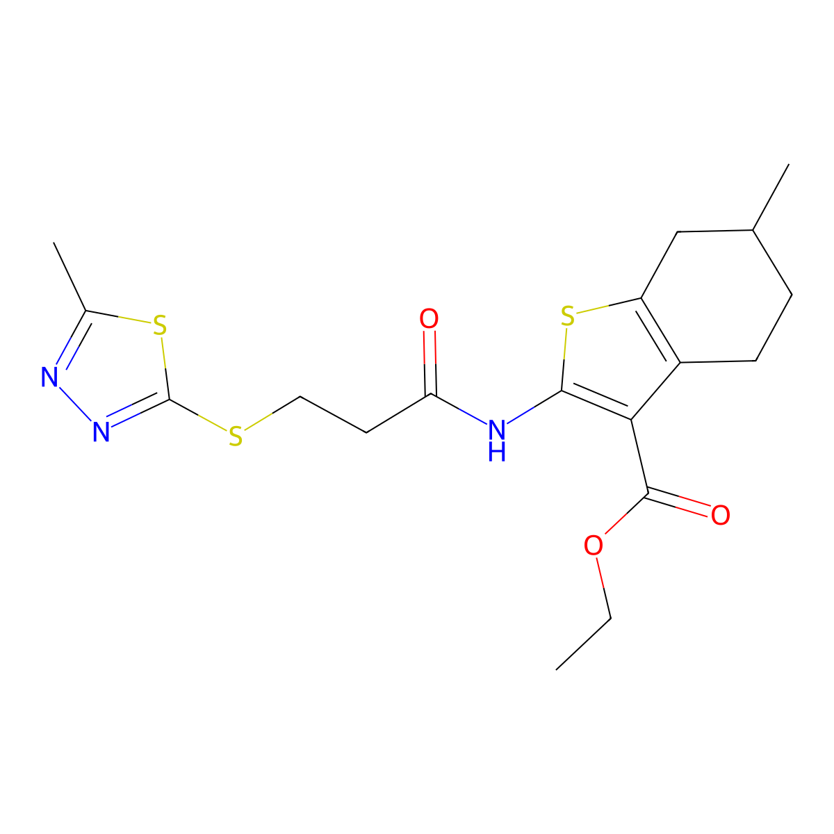 Ethyl 6-methyl-2-(3-((5-methyl-1,3,4-thiadiazol-2-yl)thio)propanamido)-4,5,6,7-tetrahydrobenzo[b]thiophene-3-carboxylate molecular structure, CAS 670273-09-3