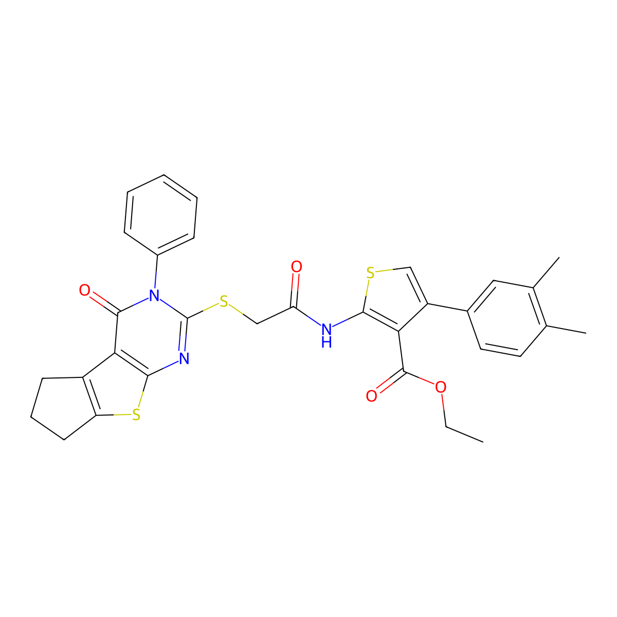 ethyl 4-(3,4-dimethylphenyl)-2-(2-((4-oxo-3-phenyl-4,5,6,7-tetrahydro-3H-cyclopenta[4,5]thieno[2,3-d]pyrimidin-2-yl)thio)acetamido)thiophene-3-carboxylate molecular structure, CAS 670273-14-0