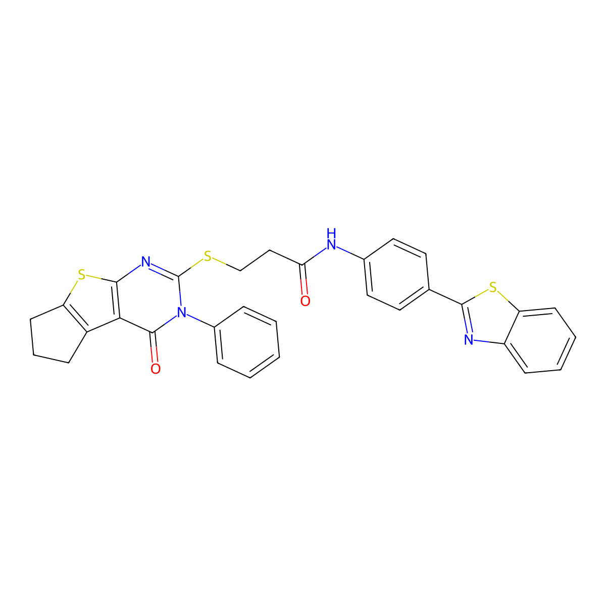 N-(4-(benzo[d]thiazol-2-yl)phenyl)-3-((4-oxo-3-phenyl-4,5,6,7-tetrahydro-3H-cyclopenta[4,5]thieno[2,3-d]pyrimidin-2-yl)thio)propanamide molecular structure, CAS 670273-16-2