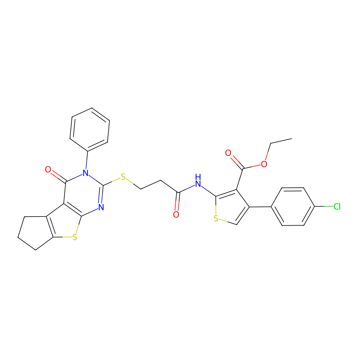Ethyl 4-(4-chlorophenyl)-2-[3-({12-oxo-11-phenyl-7-thia-9,11-diazatricyclo[6.4.0.0^{2,6}]dodeca-1(8),2(6),9-trien-10-yl}sulfanyl)propanamido]thiophene-3-carboxylate molecular structure, CAS 670273-17-3
