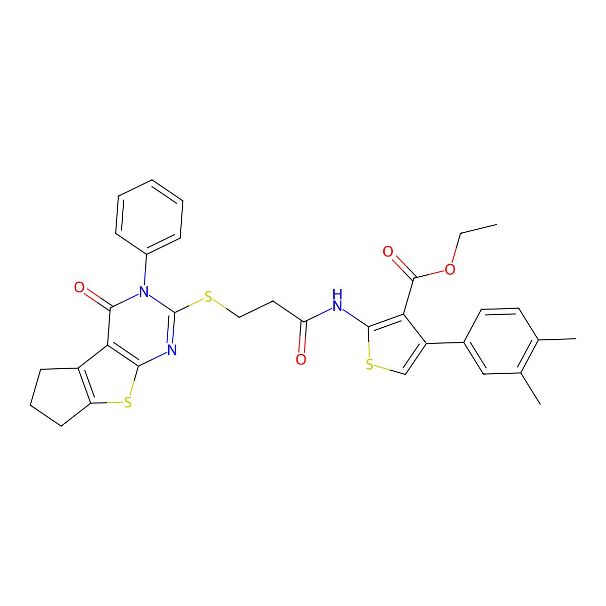 Ethyl 4-(3,4-dimethylphenyl)-2-[3-({12-oxo-11-phenyl-7-thia-9,11-diazatricyclo[6.4.0.0^{2,6}]dodeca-1(8),2(6),9-trien-10-yl}sulfanyl)propanamido]thiophene-3-carboxylate molecular structure, CAS 670273-18-4