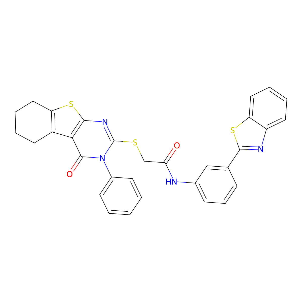 N-[3-(1,3-benzothiazol-2-yl)phenyl]-2-[(4-oxo-3-phenyl-5,6,7,8-tetrahydro-[1]benzothiolo[2,3-d]pyrimidin-2-yl)sulfanyl]acetamide molecular structure, CAS 670273-20-8