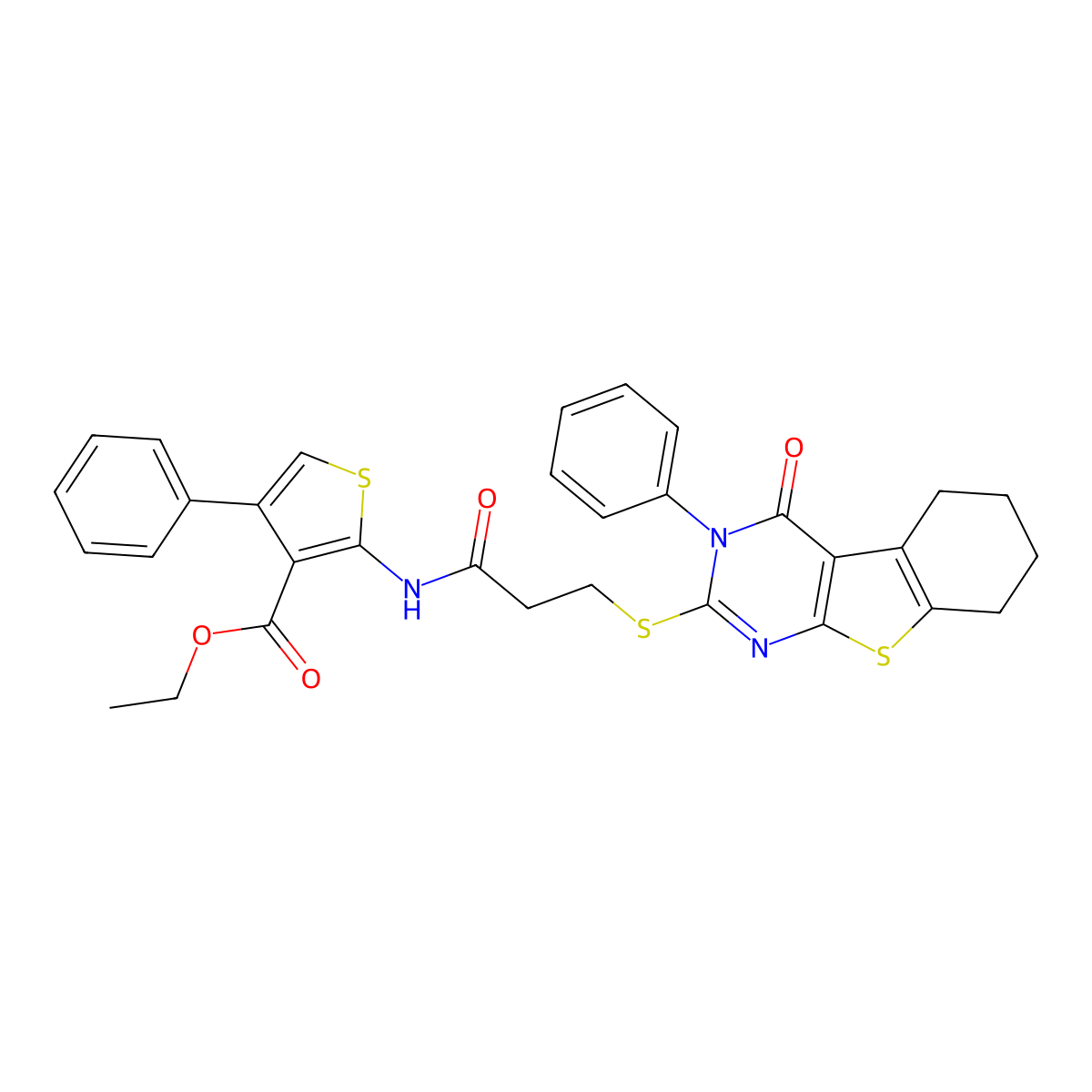 Ethyl 2-[3-[(4-oxo-3-phenyl-5,6,7,8-tetrahydro-[1]benzothiolo[2,3-d]pyrimidin-2-yl)sulfanyl]propanoylamino]-4-phenylthiophene-3-carboxylate molecular structure, CAS 670273-21-9